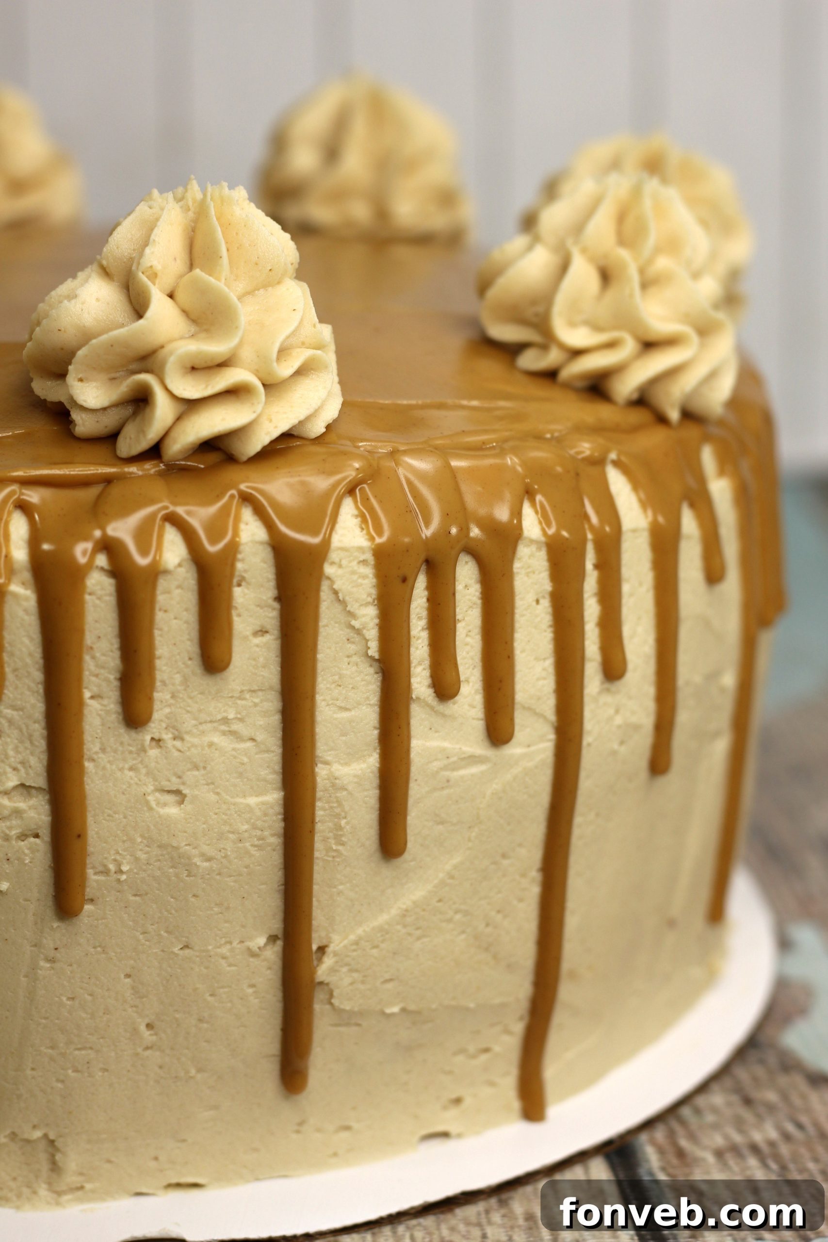 The Irresistible Peanut Butter Cake Experience 5 A close-up side view of the peanut butter cake, highlighting the distinct layers, the generous frosting, and the rich peanut butter glaze dripping down.