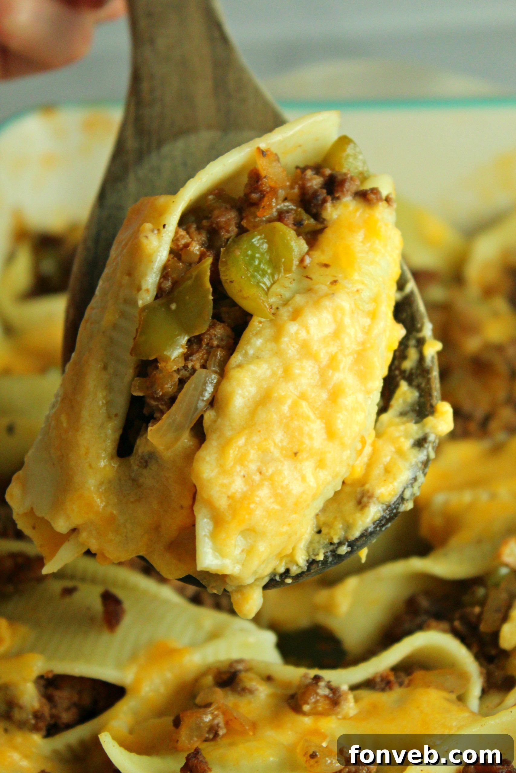 A close-up of a serving of Philly Cheese Steak Stuffed Shells on a plate, highlighting the delicious textures.