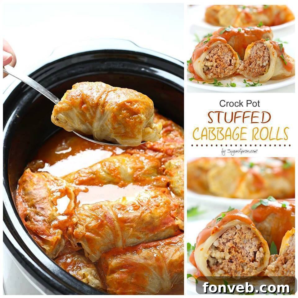 Delicious slow cooker stuffed cabbage rolls, simmered in a rich tomato sauce, ready to serve.