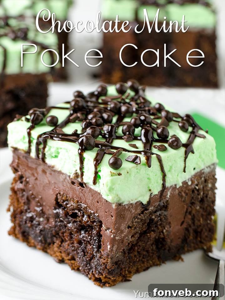 A slice of rich Chocolate Mint Poke Cake with layers of chocolate cake, pudding, and mint topping.