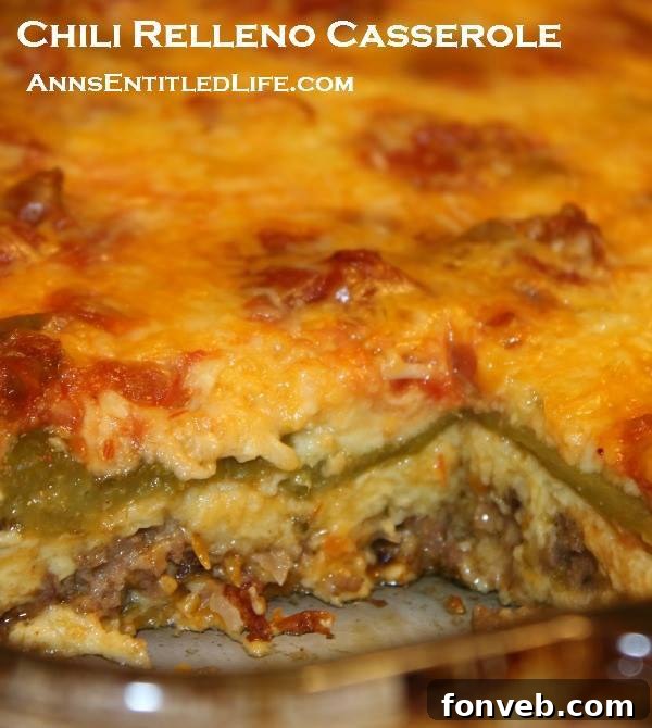 Hearty Chili Relleno Casserole, baked to golden perfection with melted cheese on top.