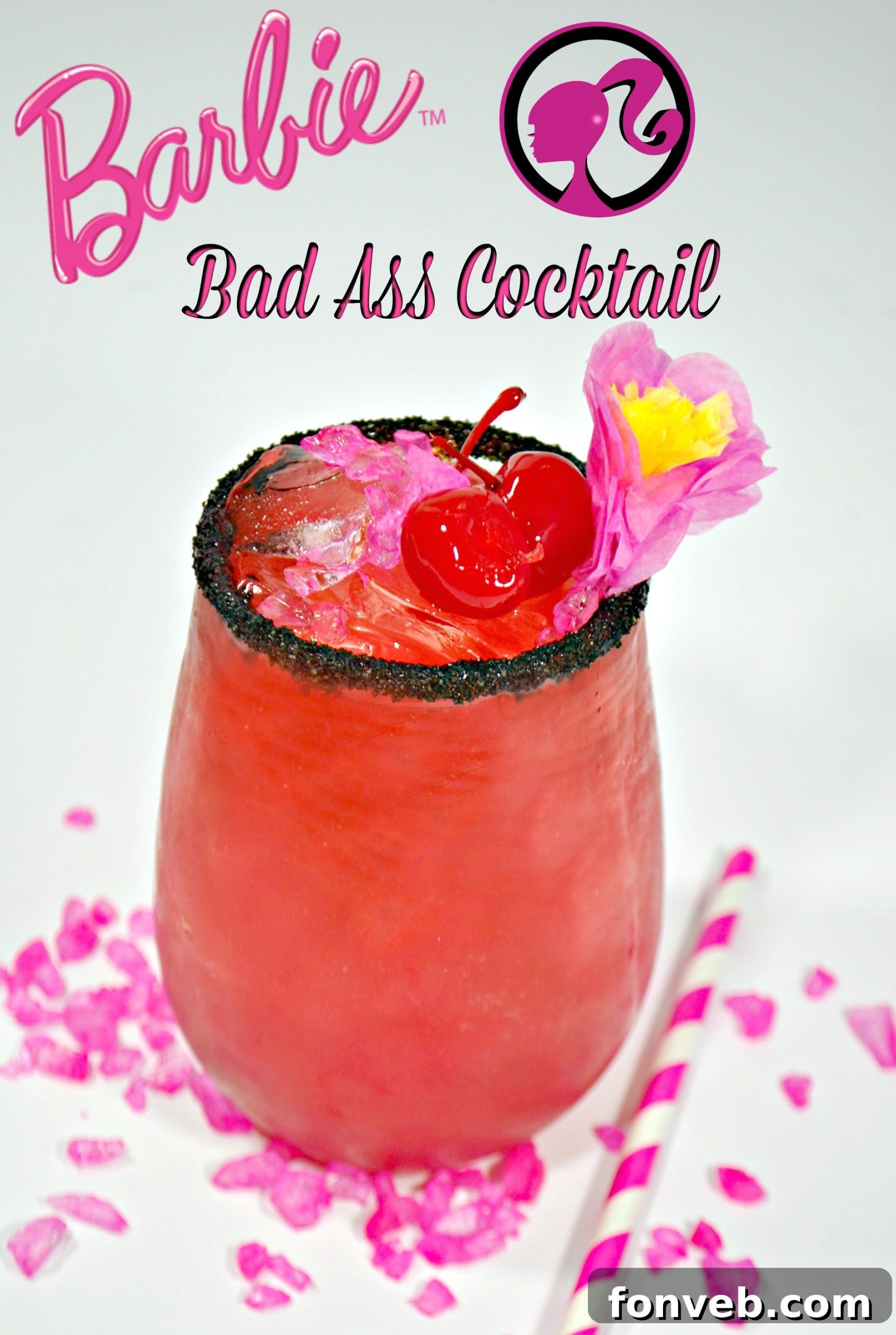 Three Bad Ass Barbie Cocktails arranged artfully, highlighting their bright pink color and intricate black sprinkle rim.