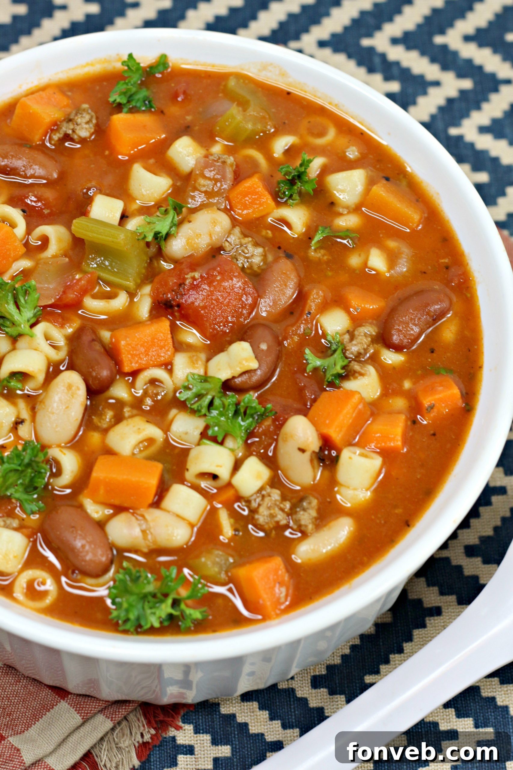 A large pot of homemade Pasta e Fagioli Soup, ready to be served