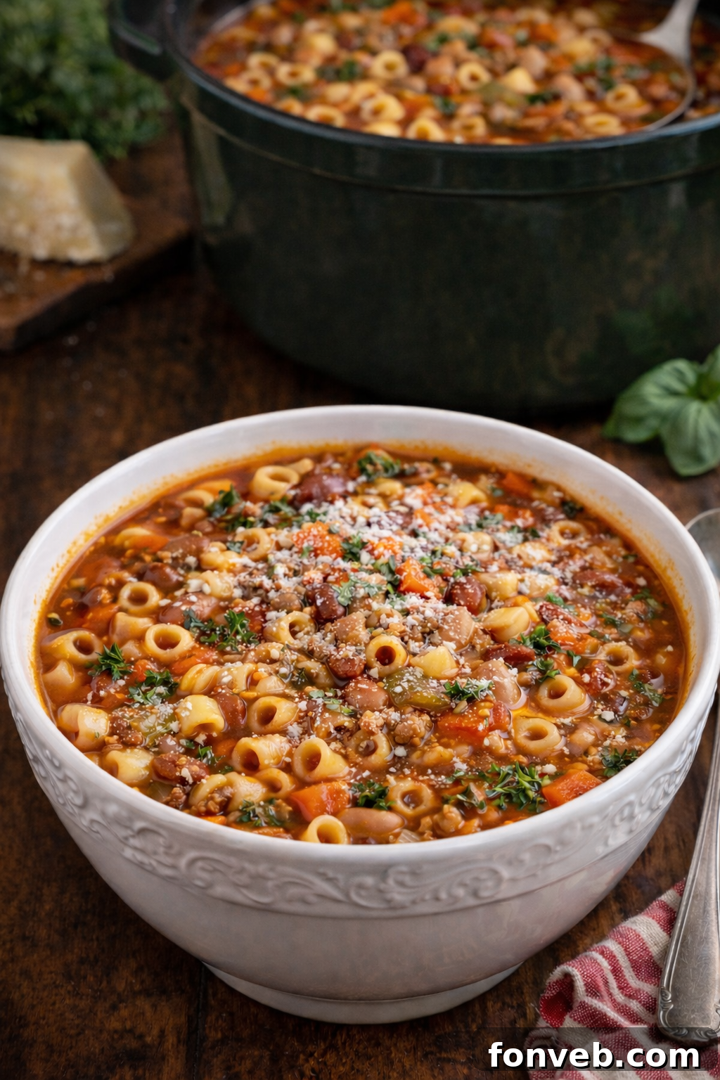 The Ultimate Pasta e Fagioli Soup served in a pretty white bowl, garnished with fresh herbs