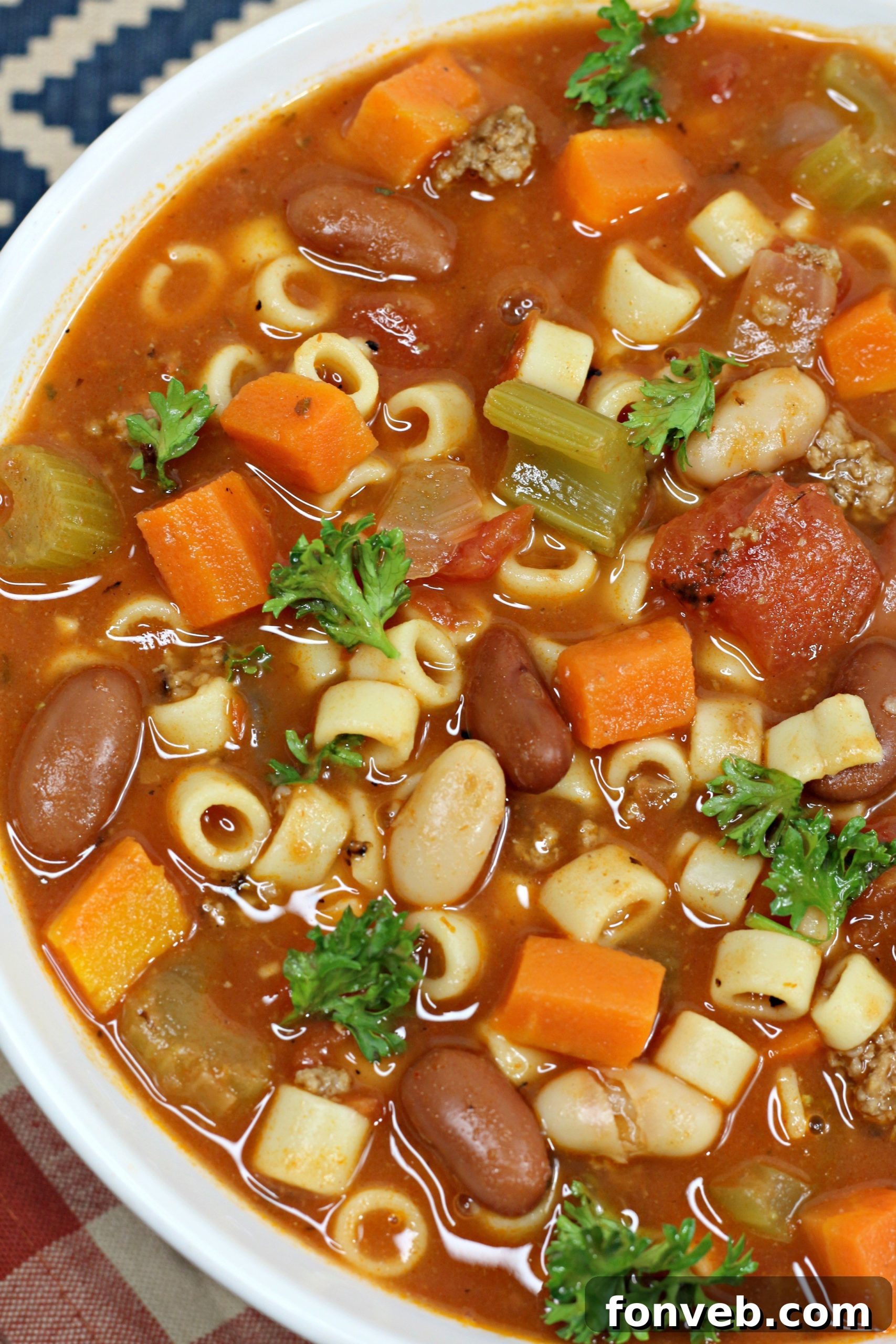 A close-up of a serving of Pasta e Fagioli Soup topped with Parmesan cheese