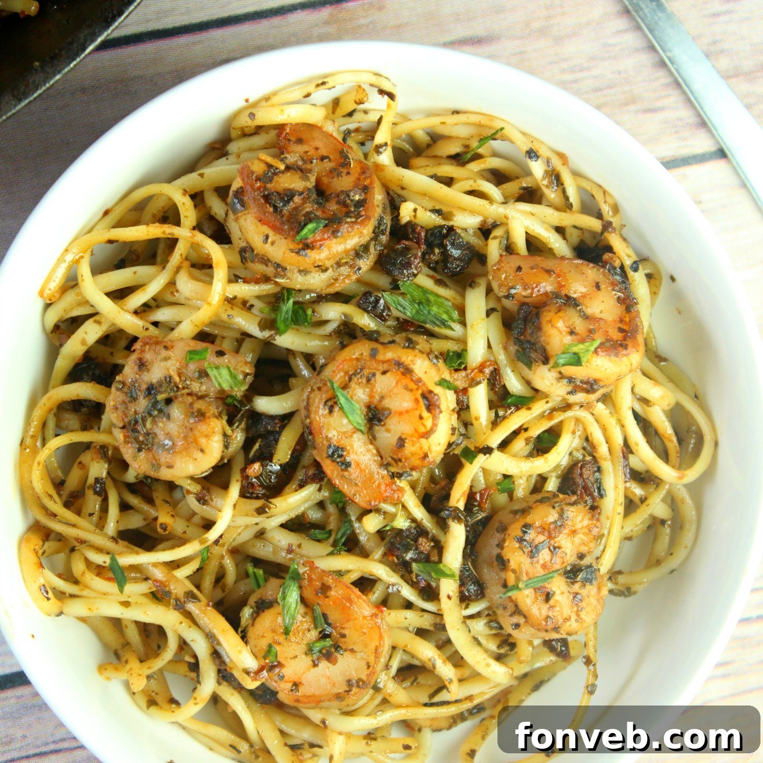 Plate of Sun-Dried Tomato Garlic Shrimp Pasta ready to serve
