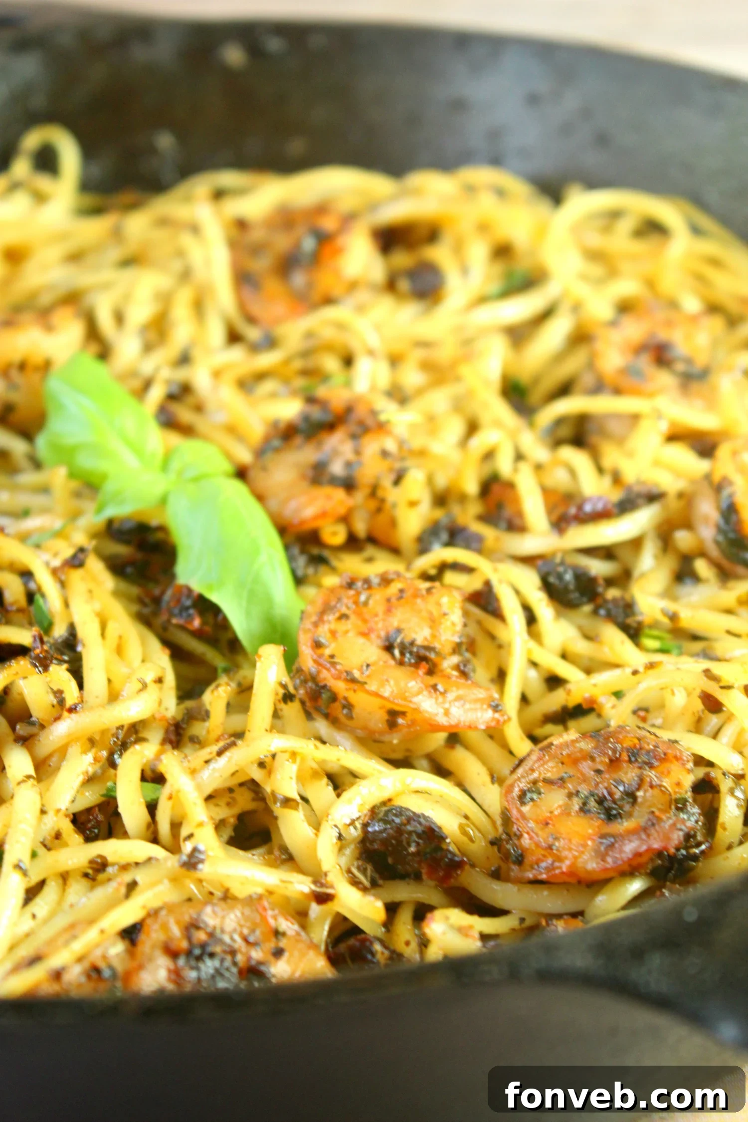 Close-up of the Sun-Dried Tomato Garlic Shrimp Pasta dish
