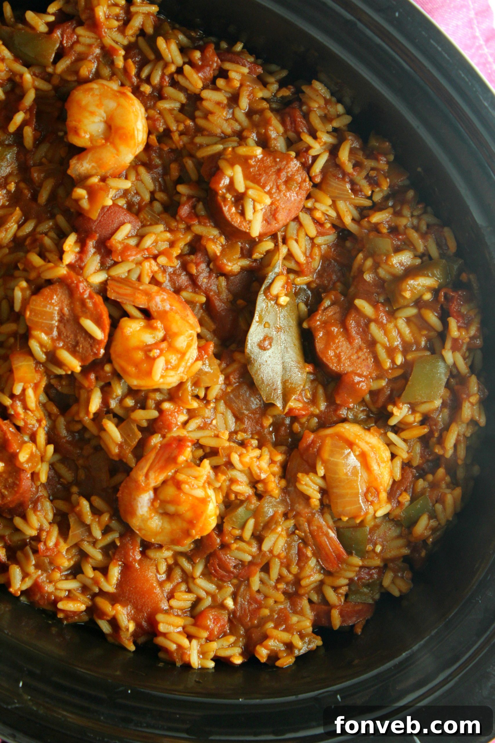 A large pot of Slow Cooker Jambalaya, ready to be served