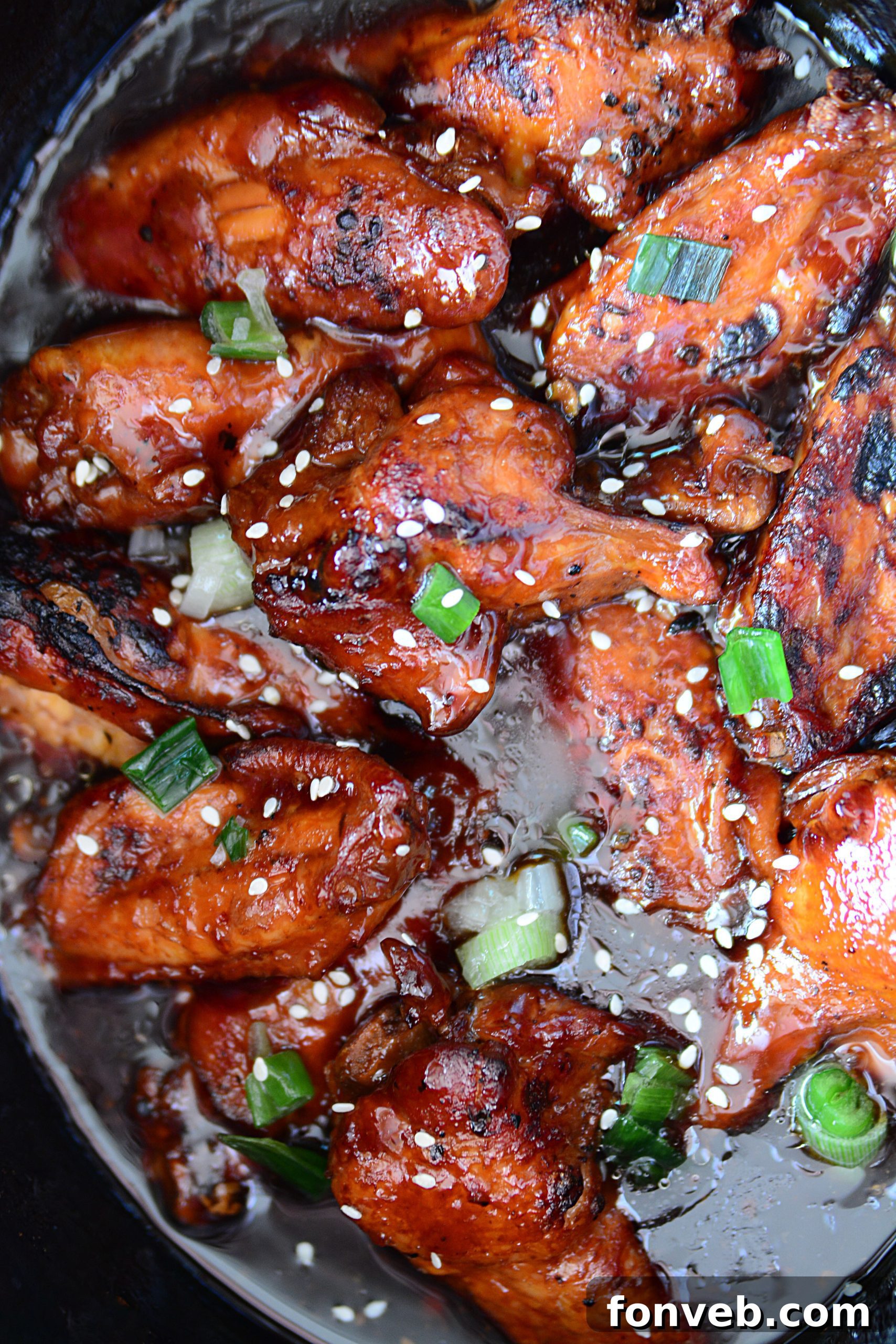 An overhead shot of Slow Cooker Chicken Teriyaki Wings, highlighting their glaze