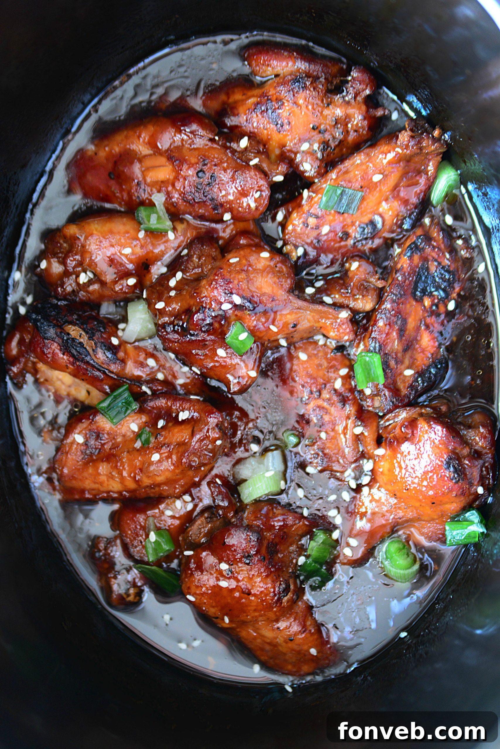 A top-down view of Slow Cooker Chicken Teriyaki Wings, ready to be served