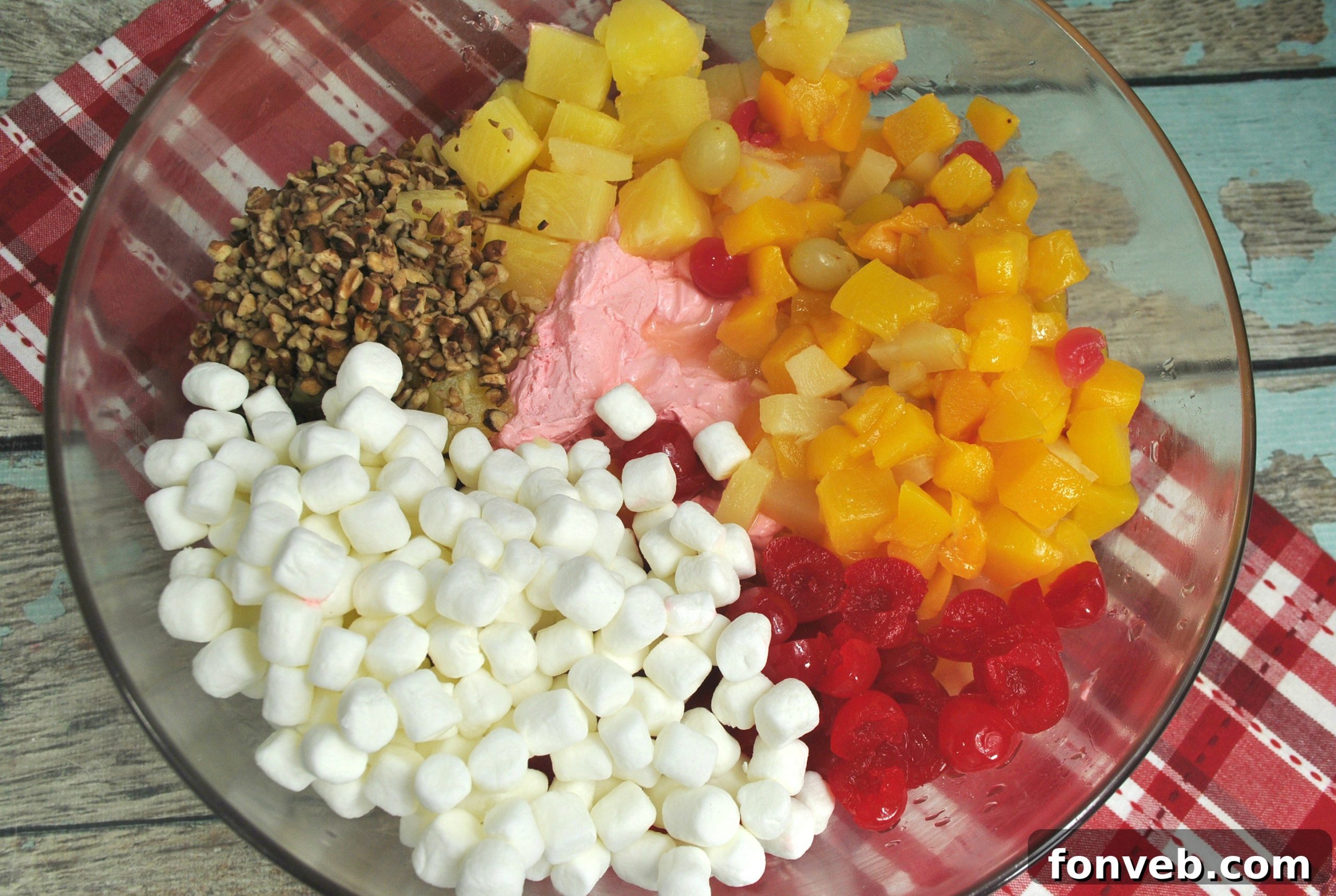 Cloud Nine Cherry Delight 3 Close-up of Cherry Fluff Salad showing its fluffy texture and pieces of fruit.
