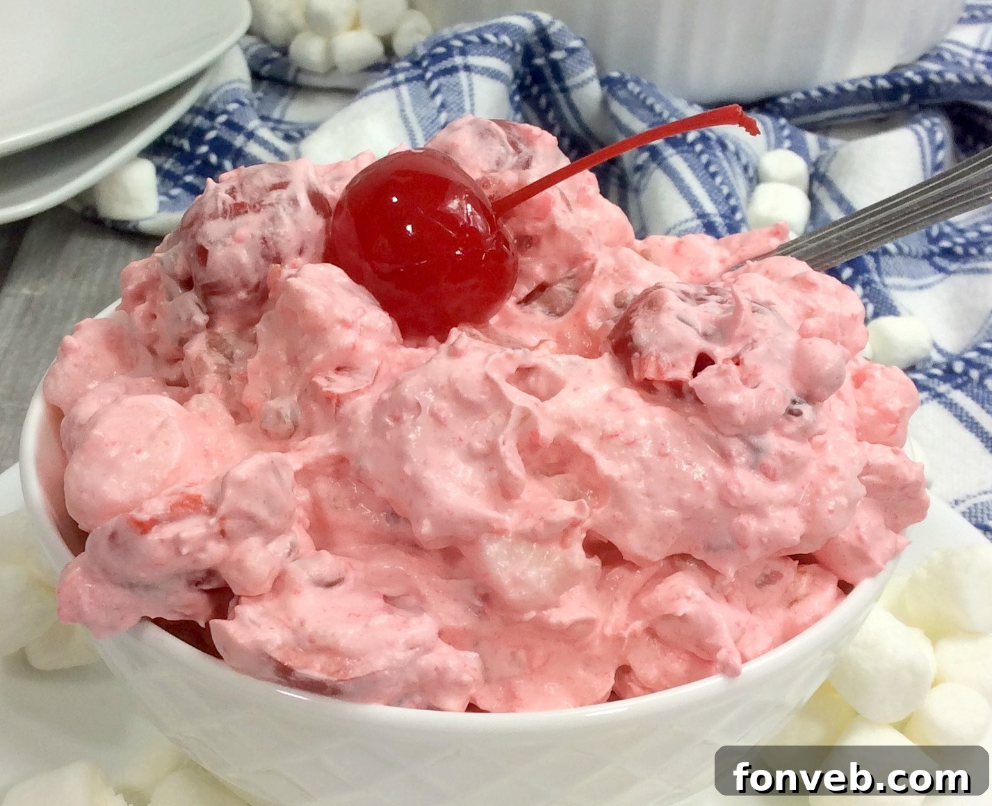 Cloud Nine Cherry Delight 4 Cherry Fluff Salad in a bowl, with a serving spoon, highlighting the ingredients.