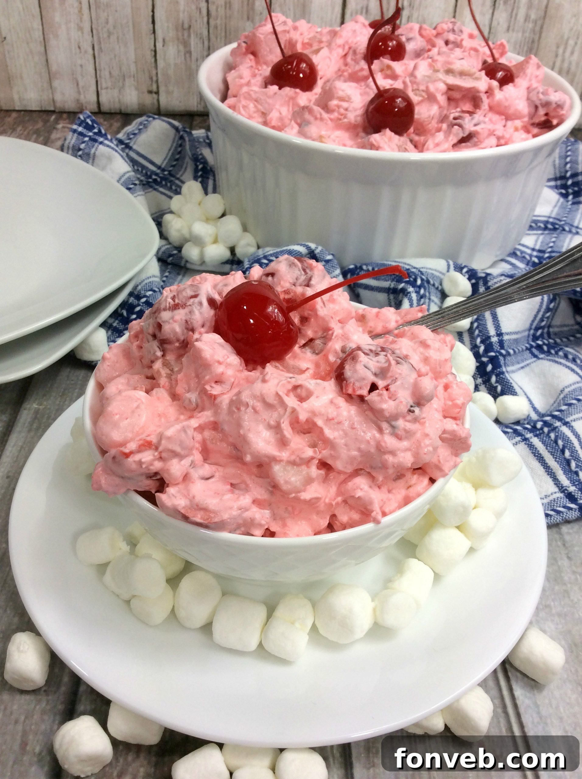 Cloud Nine Cherry Delight 7 Close-up of Cherry Fluff Salad, emphasizing the fluffy texture and vibrant color.