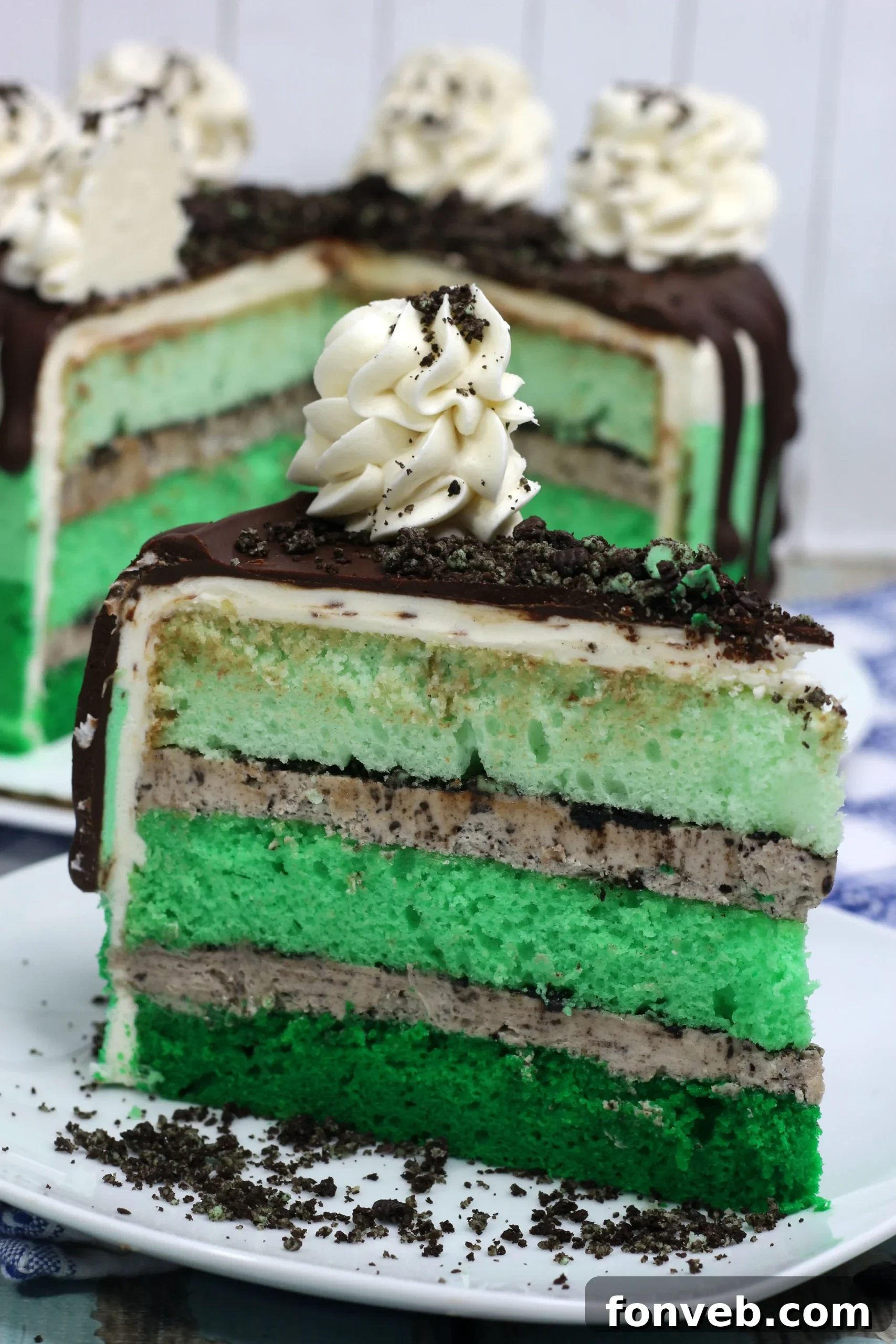Cool Mint Oreo Decadence 7 Top-down view of the Mint Oreo Layered Cake, showcasing the detailed decoration with crushed Oreos and chocolate ganache on top.