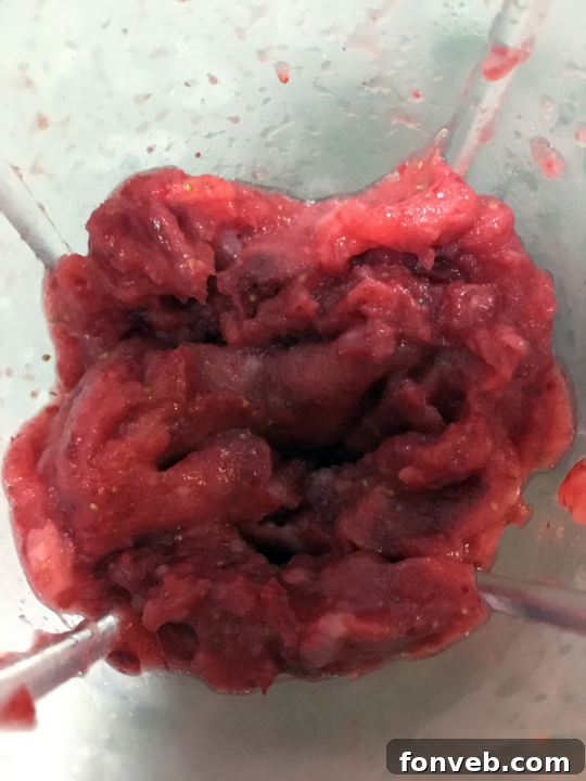 Adding vanilla bean ice cream to blended strawberries in a blender.