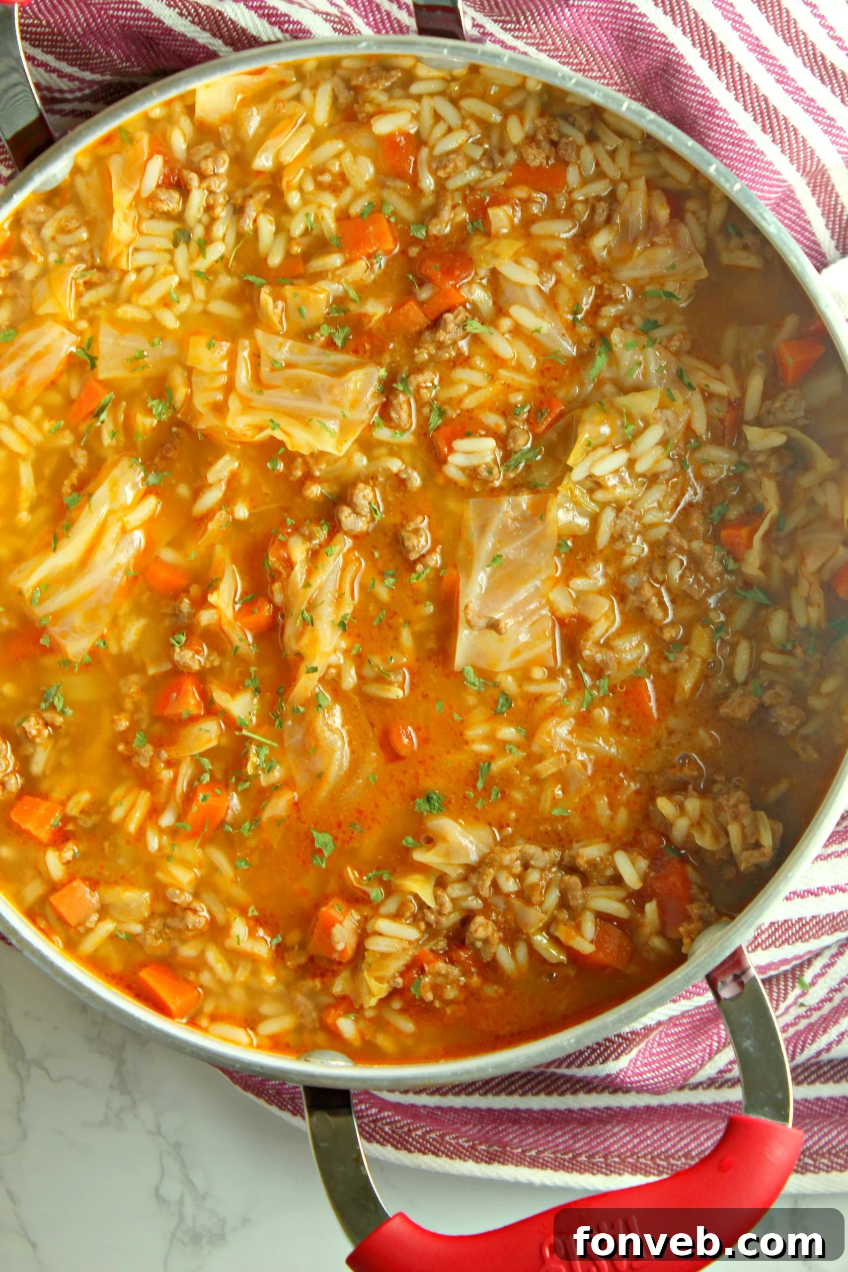 Heirloom Cabbage Roll Soup 2 A bowl of delicious Cabbage Roll Soup, garnished with fresh parsley.