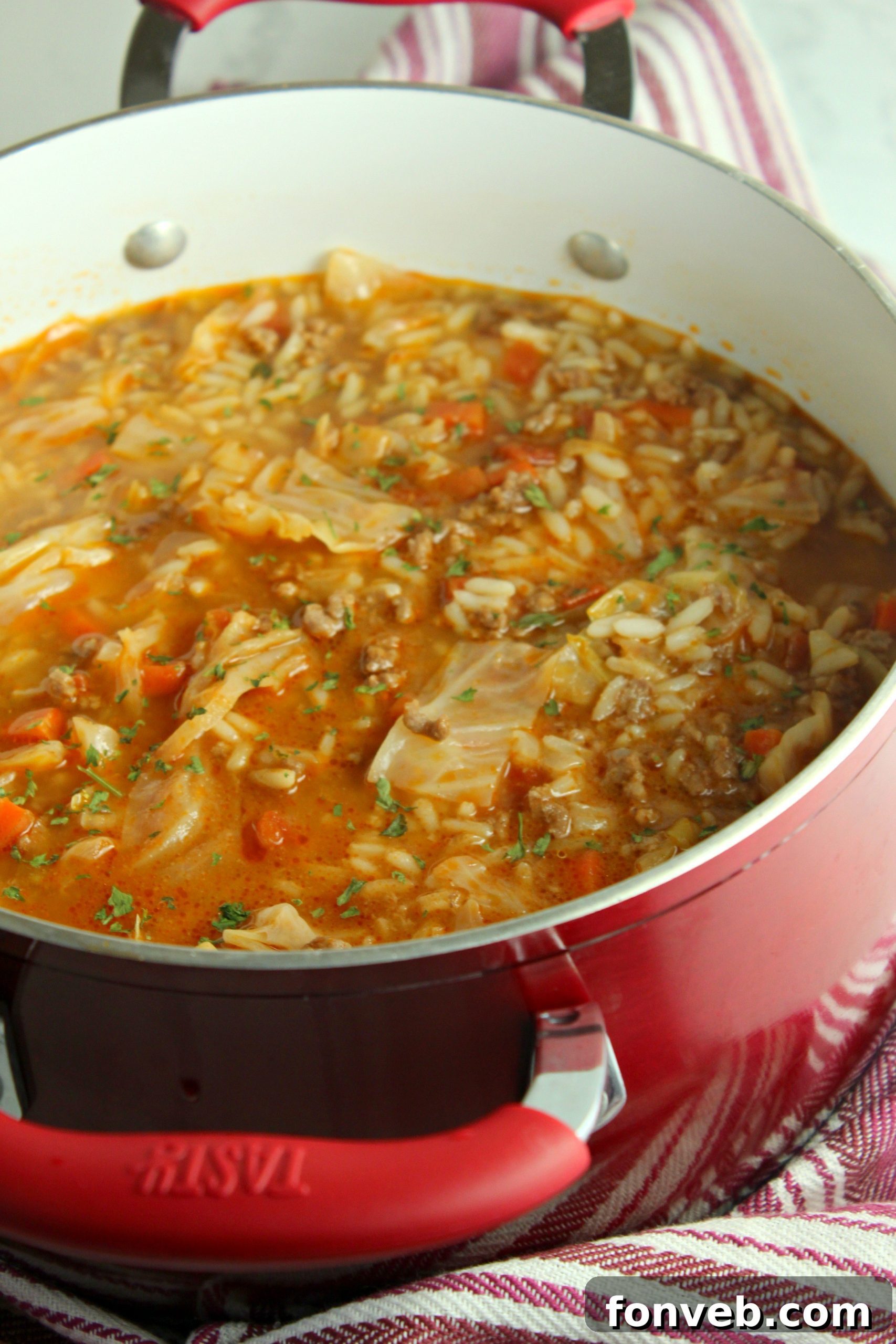 Heirloom Cabbage Roll Soup 3 Close-up of Cabbage Roll Soup in a rustic bowl, showcasing its rich texture.