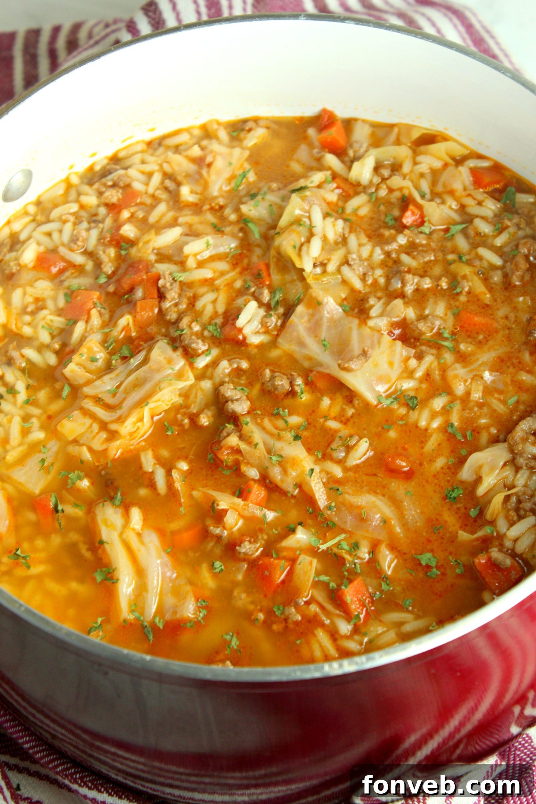 Heirloom Cabbage Roll Soup 6 A close-up view of the ingredients simmering in a pot, creating the Cabbage Roll Soup.