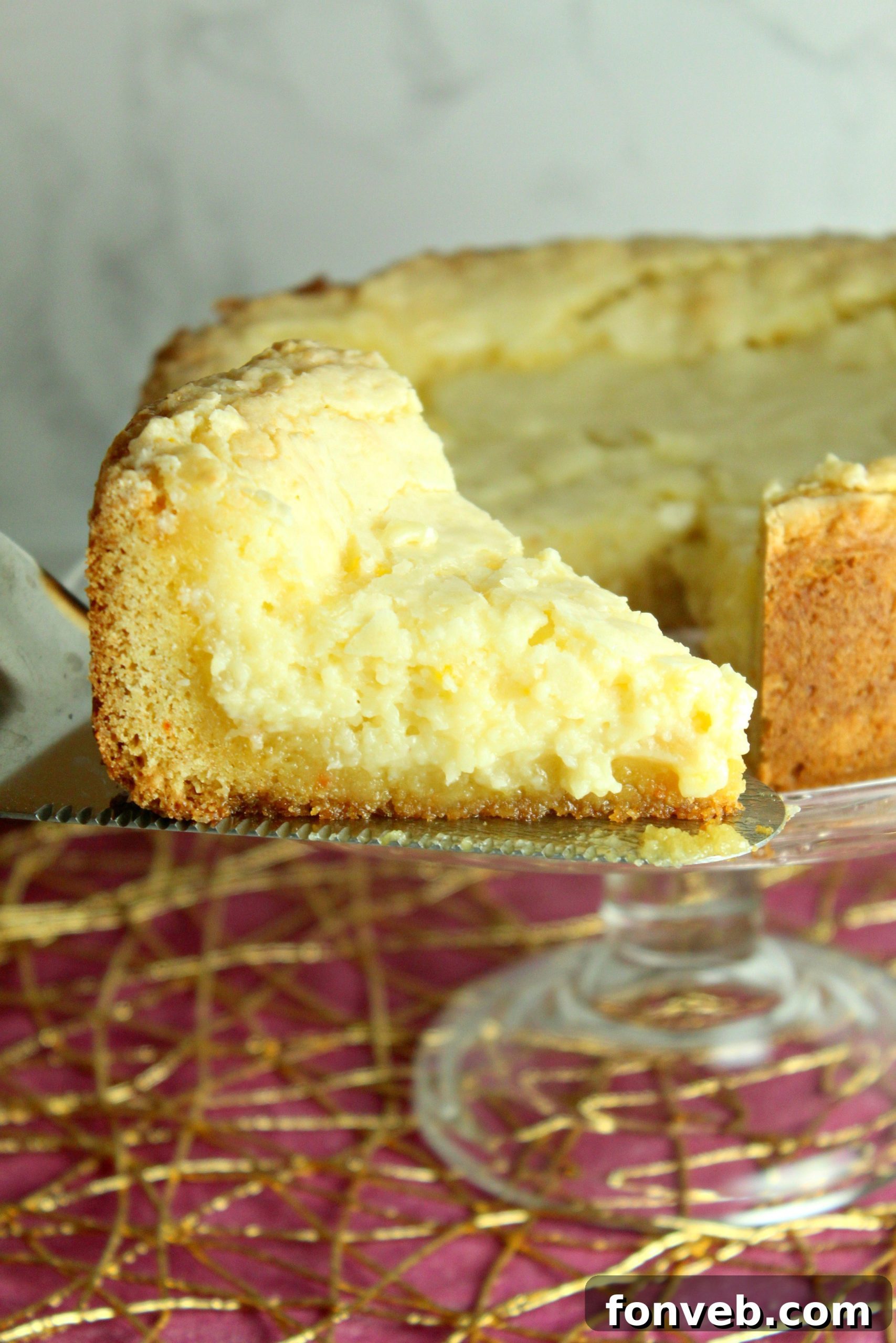 Various angles of the Ooey Gooey Butter Cake showing its texture and golden crust.