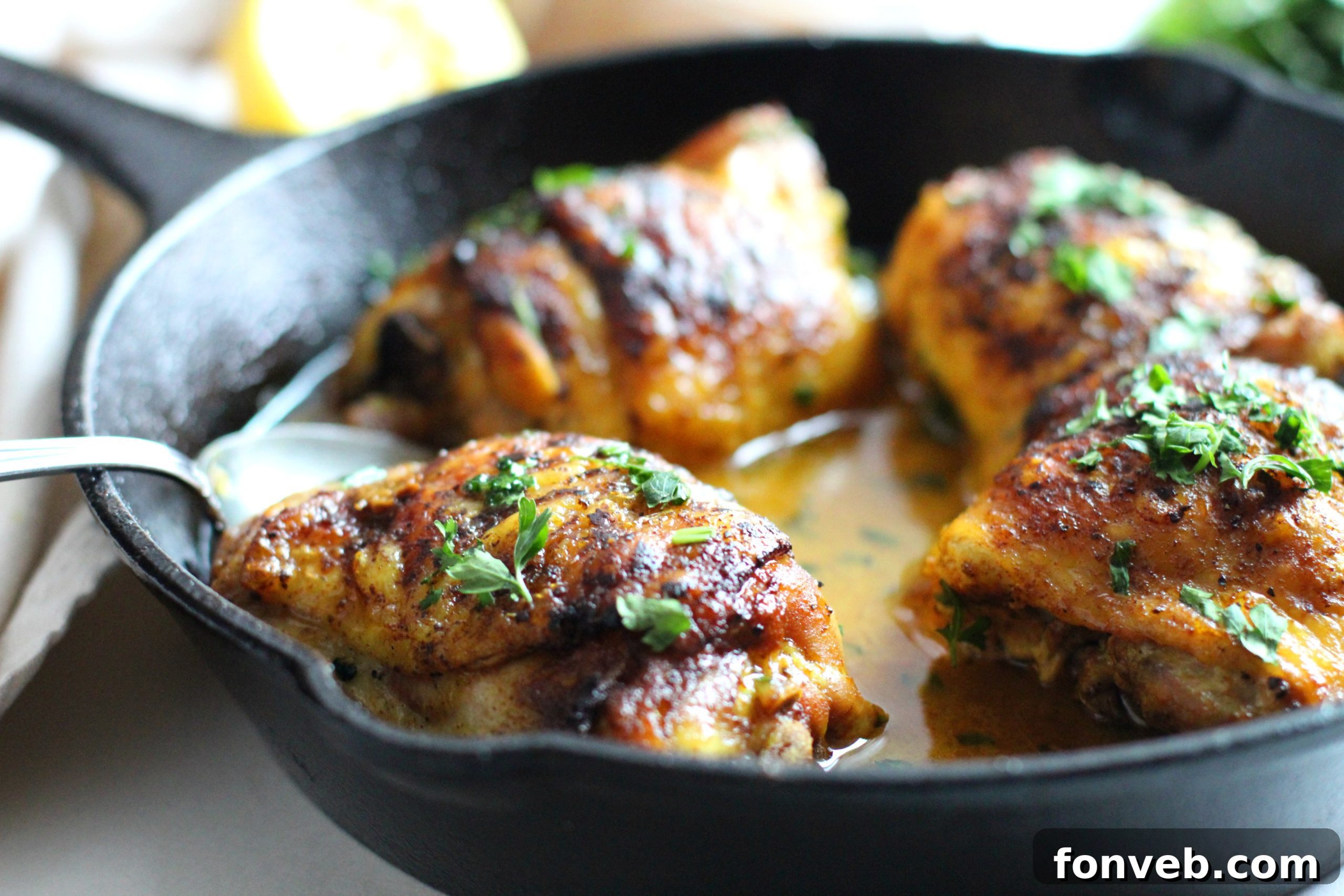 Full skillet of brown sugar lemon chicken, freshly baked and garnished, ready to be served to a family.