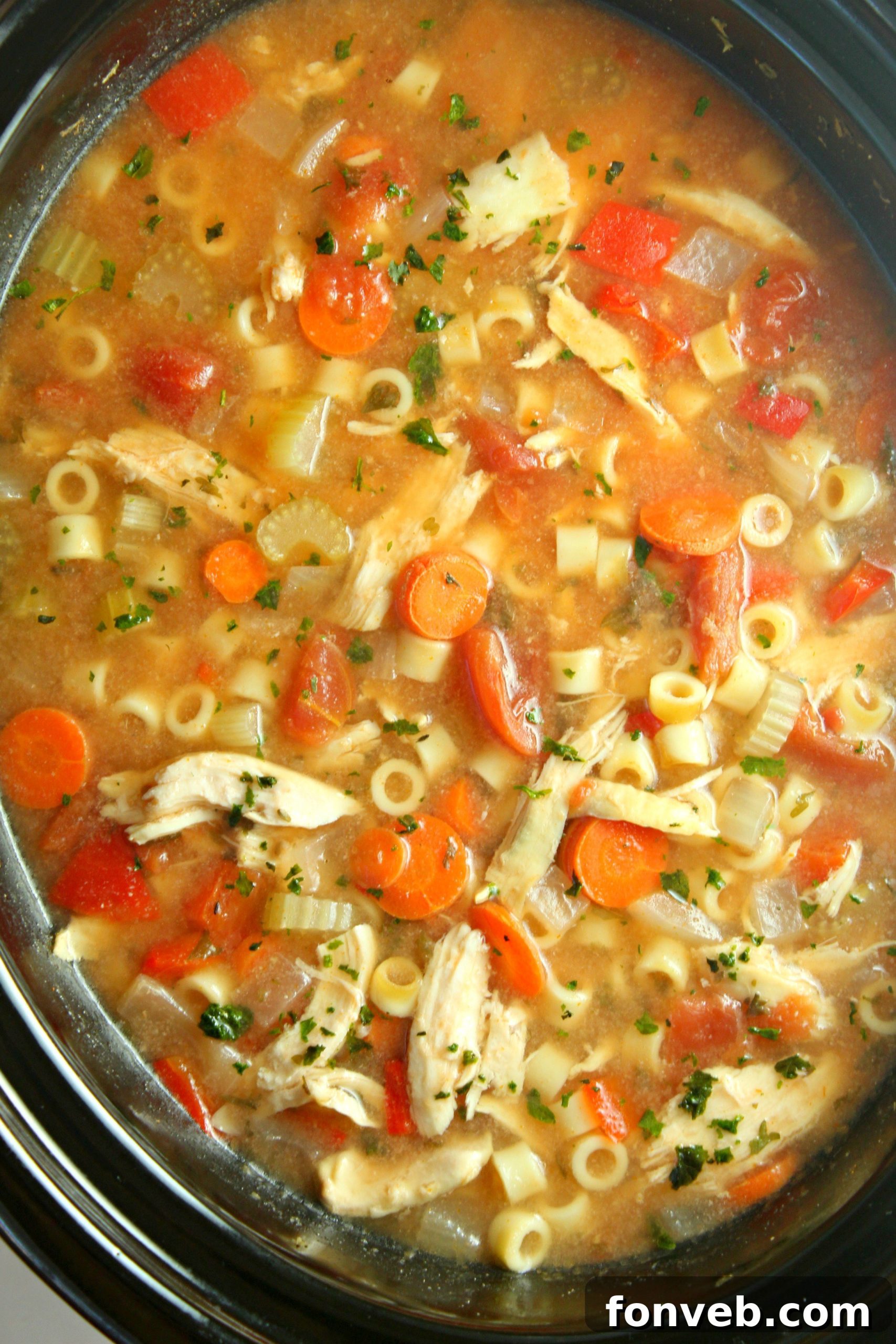 A steaming bowl of hearty Sicilian Chicken Soup, garnished with fresh parsley.