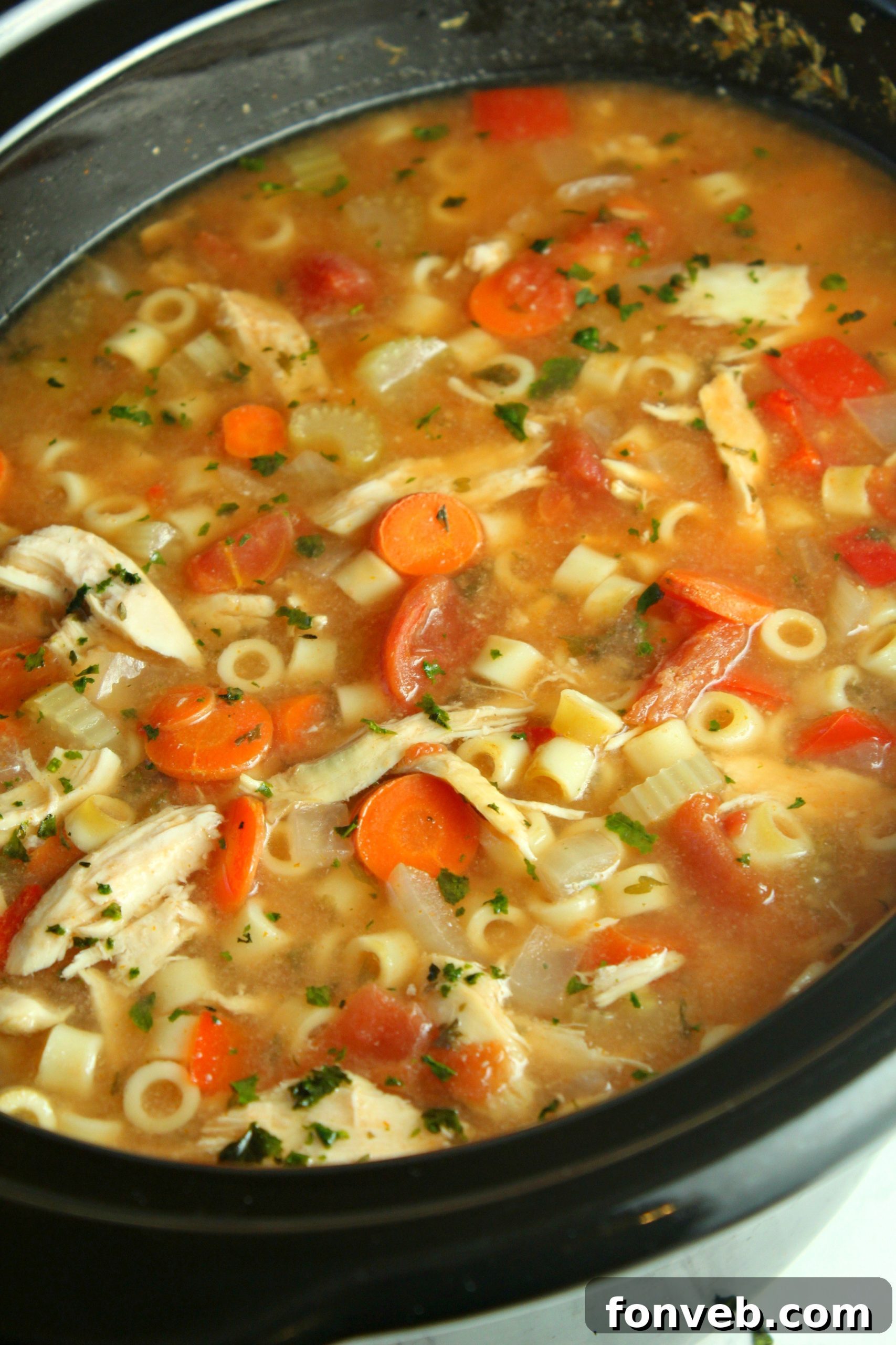 A bowl of Sicilian Chicken Soup with a slice of crusty garlic bread for dipping.
