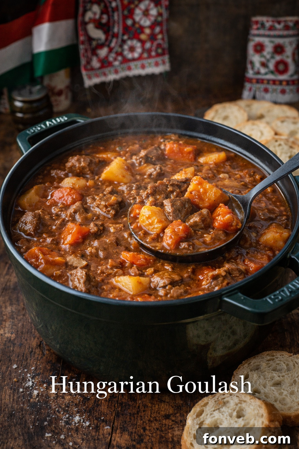 Hungarian Goulash gently simmering in a vibrant green Dutch oven, showcasing its hearty ingredients and inviting aroma.