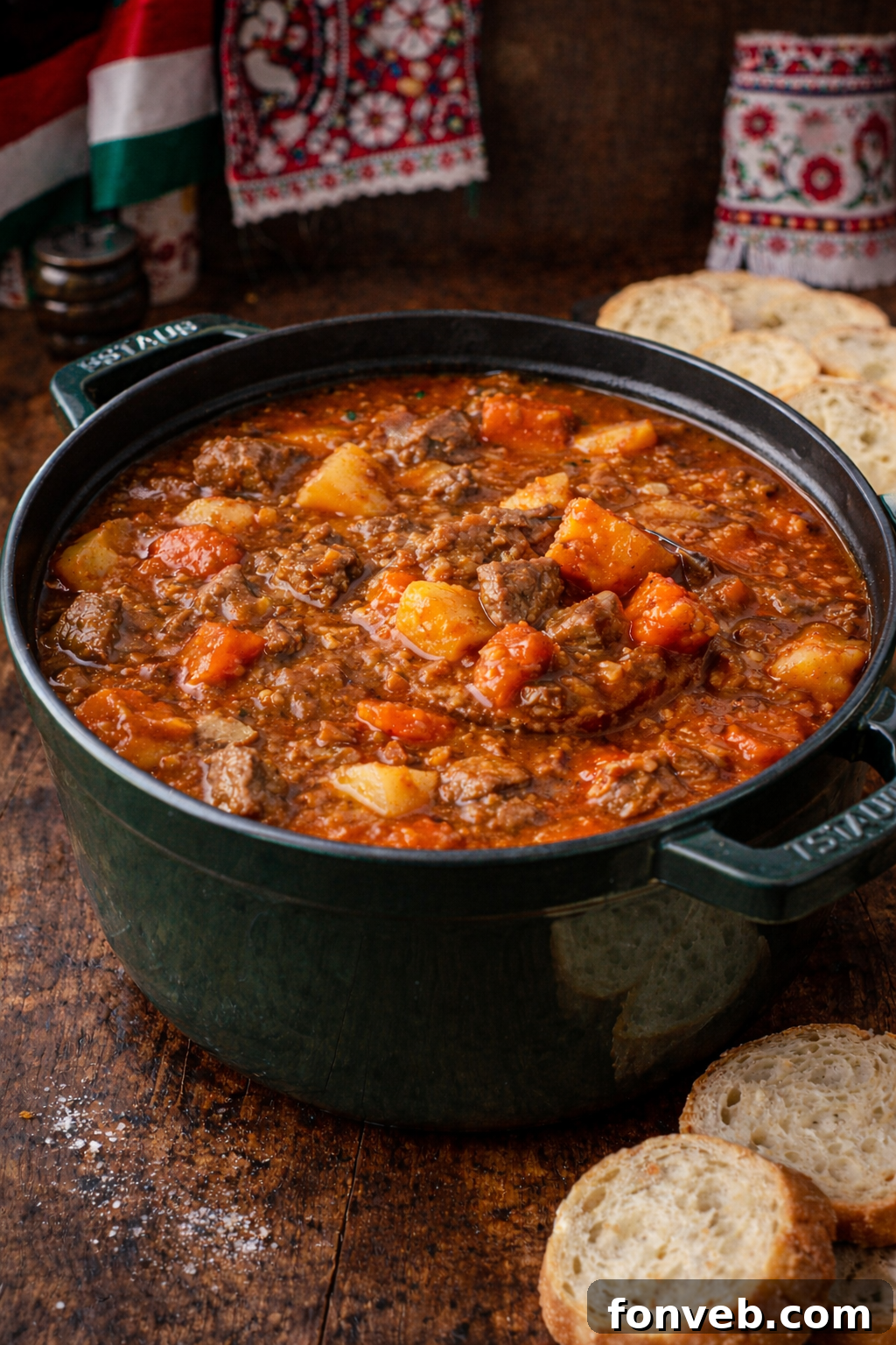 Hungarian Goulash gently simmering in a green Dutch oven, with steam rising, indicating it's perfectly cooked and ready to serve.