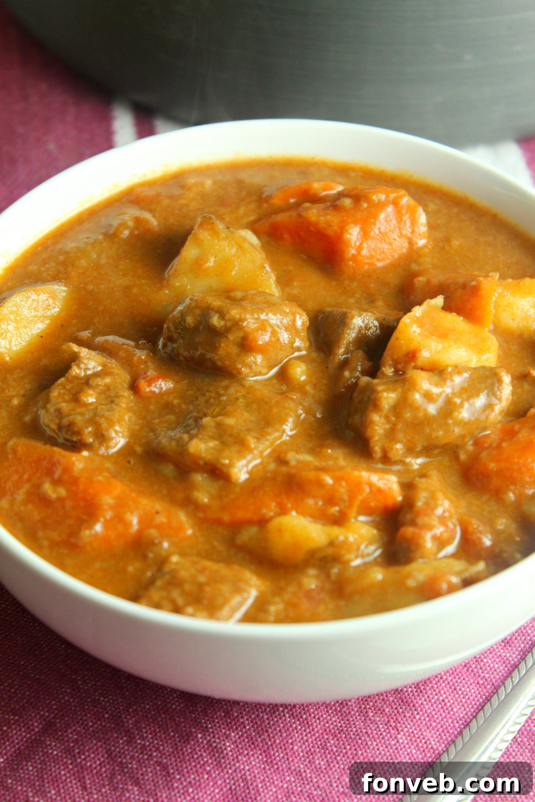 Another appealing perspective of Hungarian Goulash, showcasing its rich texture, tender beef, and vibrant vegetable medley.