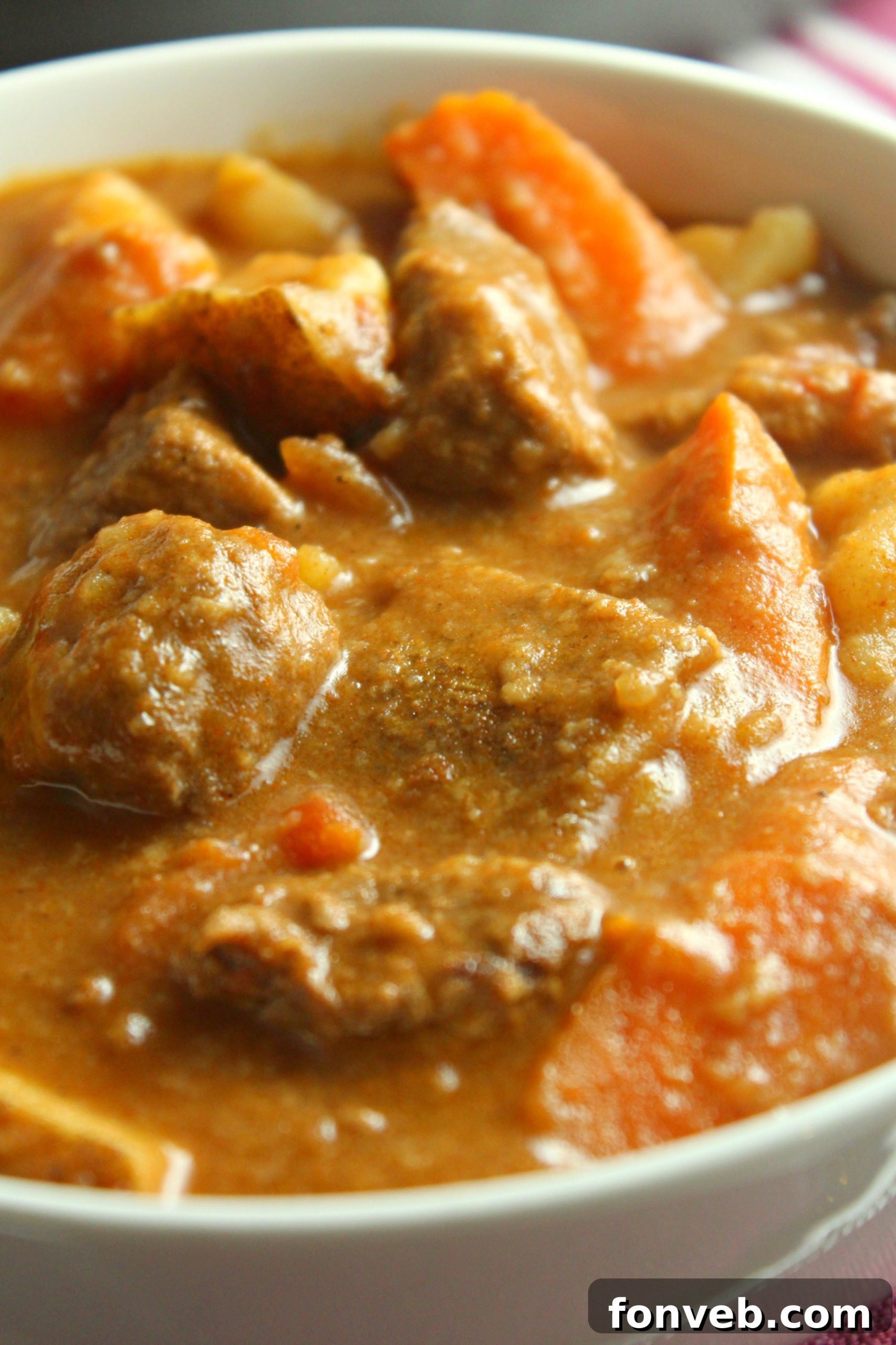 Close-up of Hungarian Goulash, highlighting the tender beef and well-cooked vegetables nestled in the rich paprika sauce.