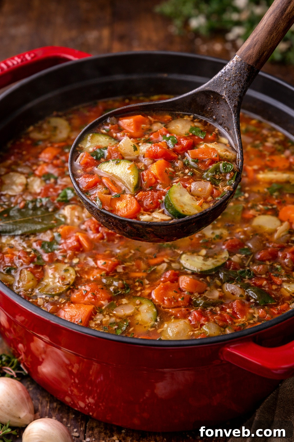 Weight loss soup in a red dutch oven pot on a dark wood table 