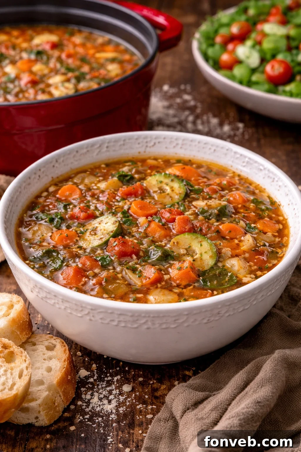 Weight loss soup in a white bowl on a dark wood table 