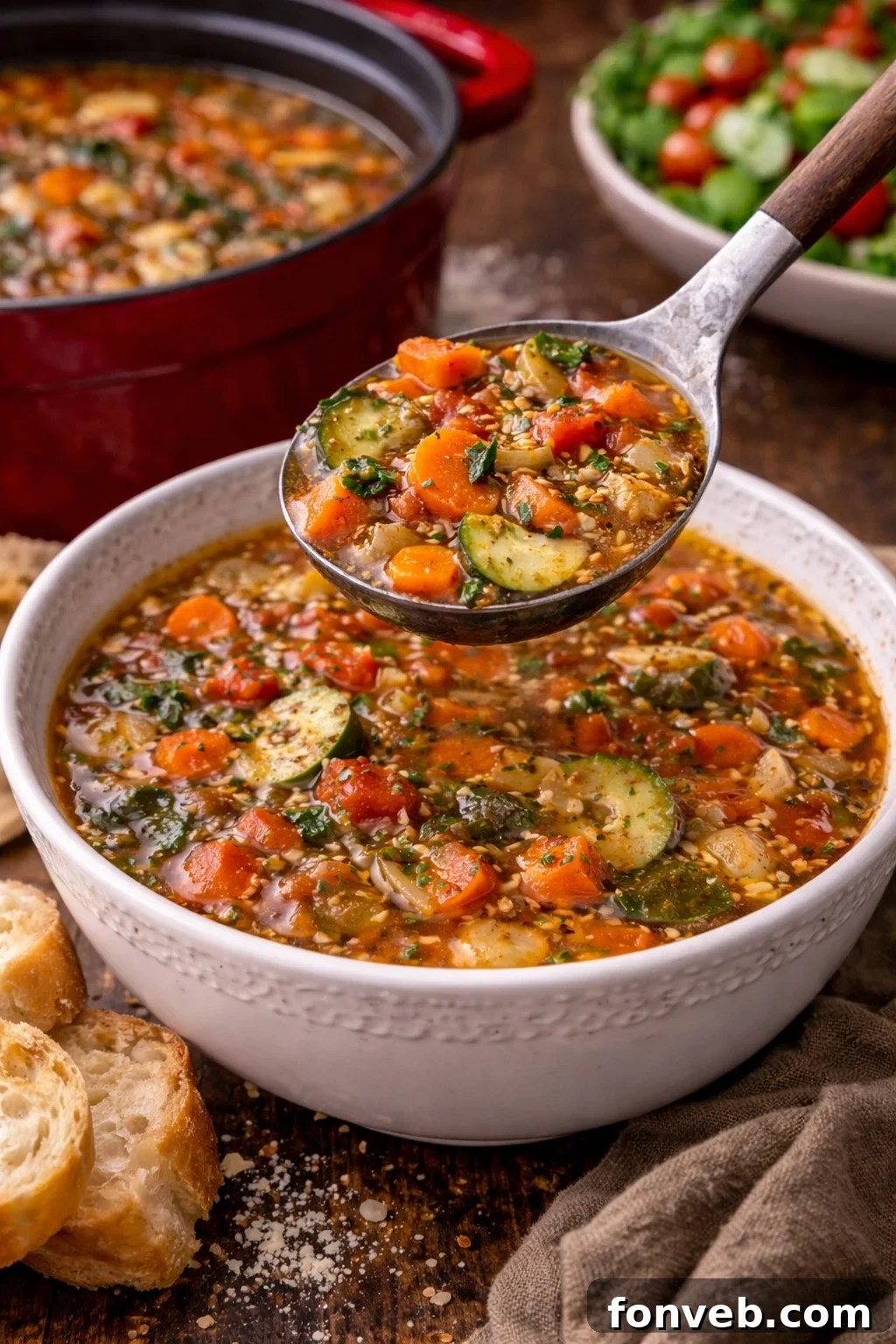 Weight loss soup in a white bowl on a dark wood table 