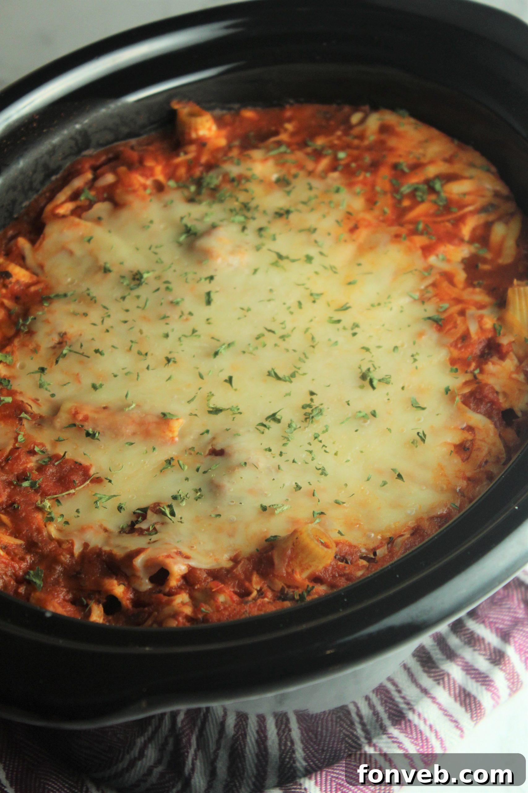 Serving of slow cooker baked ziti in a bowl