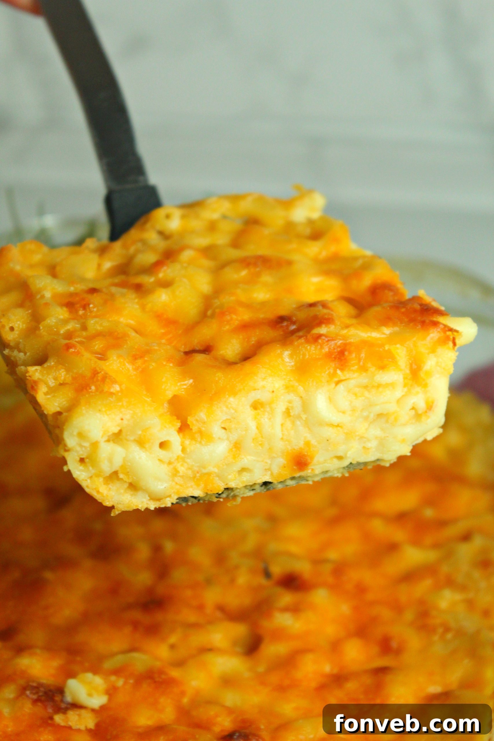 A tantalizing close-up of a golden-brown Southern Baked Macaroni & Cheese dish, showing melted, gooey cheese and perfectly cooked macaroni beneath a crispy top layer.