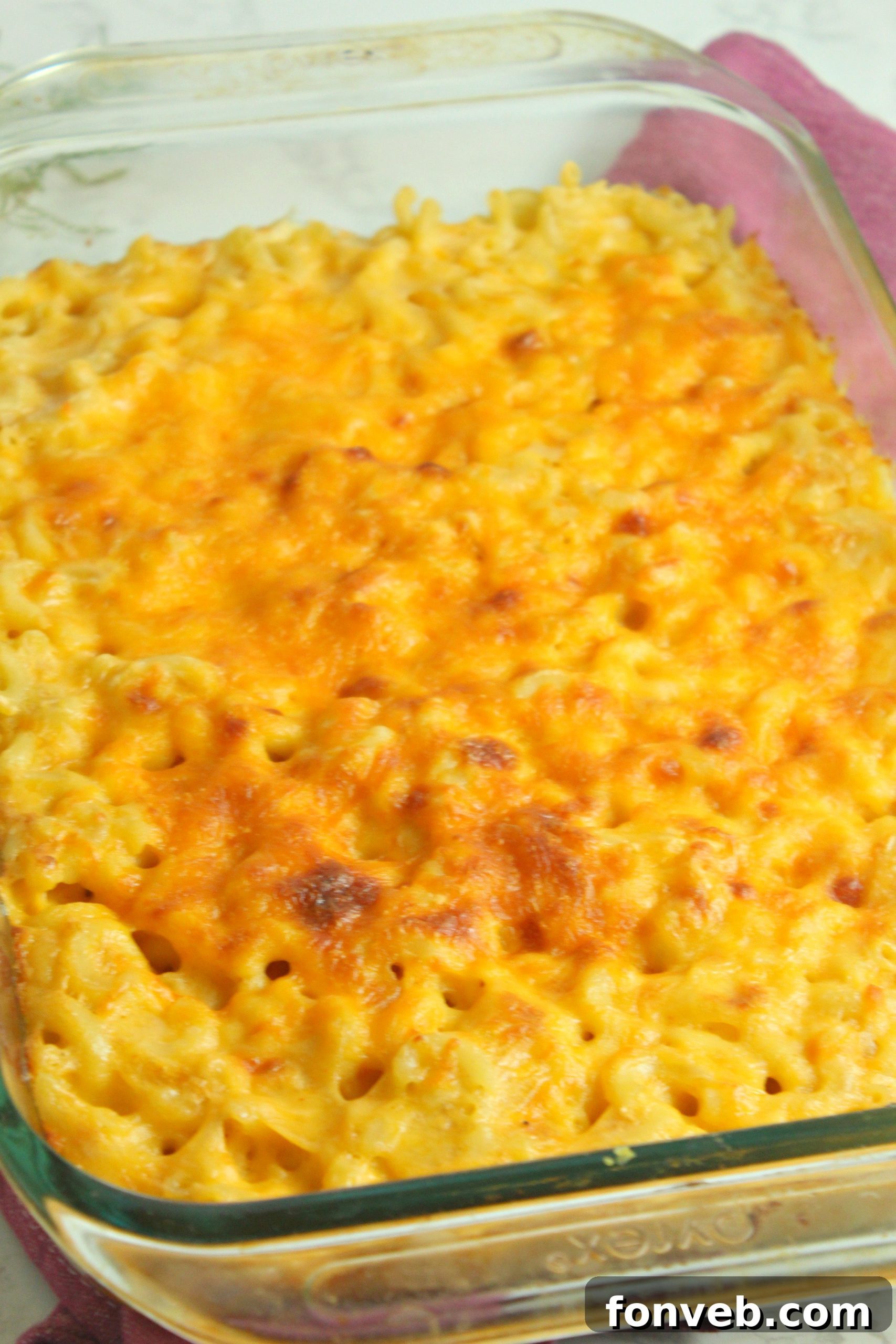 A close-up shot of Southern Baked Macaroni & Cheese with what appears to be added protein, perhaps shredded chicken or ground beef, making it a hearty meal.