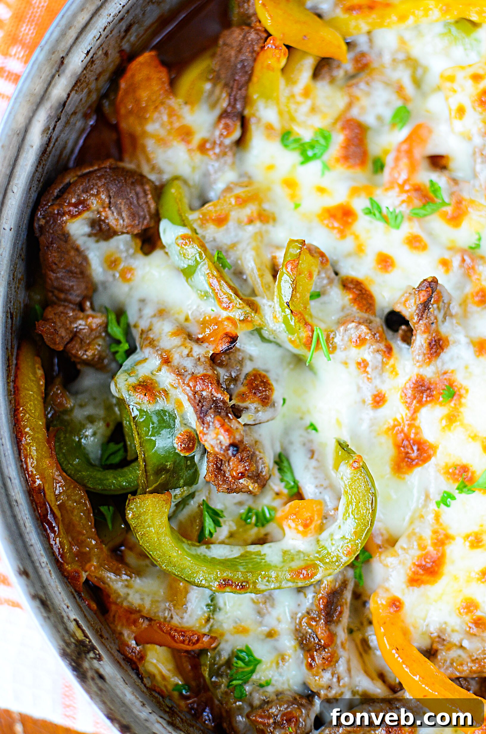 The finished Low Carb Philly Cheesesteak Skillet, steaming hot with perfectly melted cheese, ready to be portioned.
