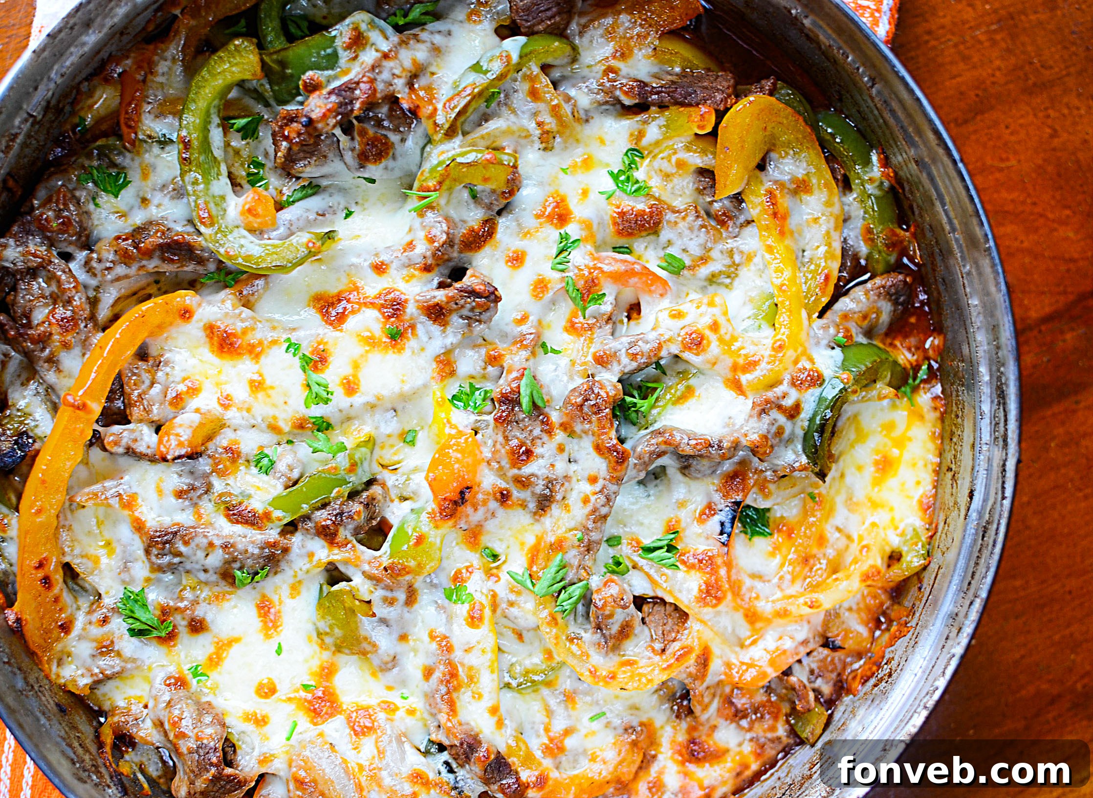 A top-down view of the finished Low Carb Philly Cheesesteak Skillet, beautifully cooked and ready to serve.