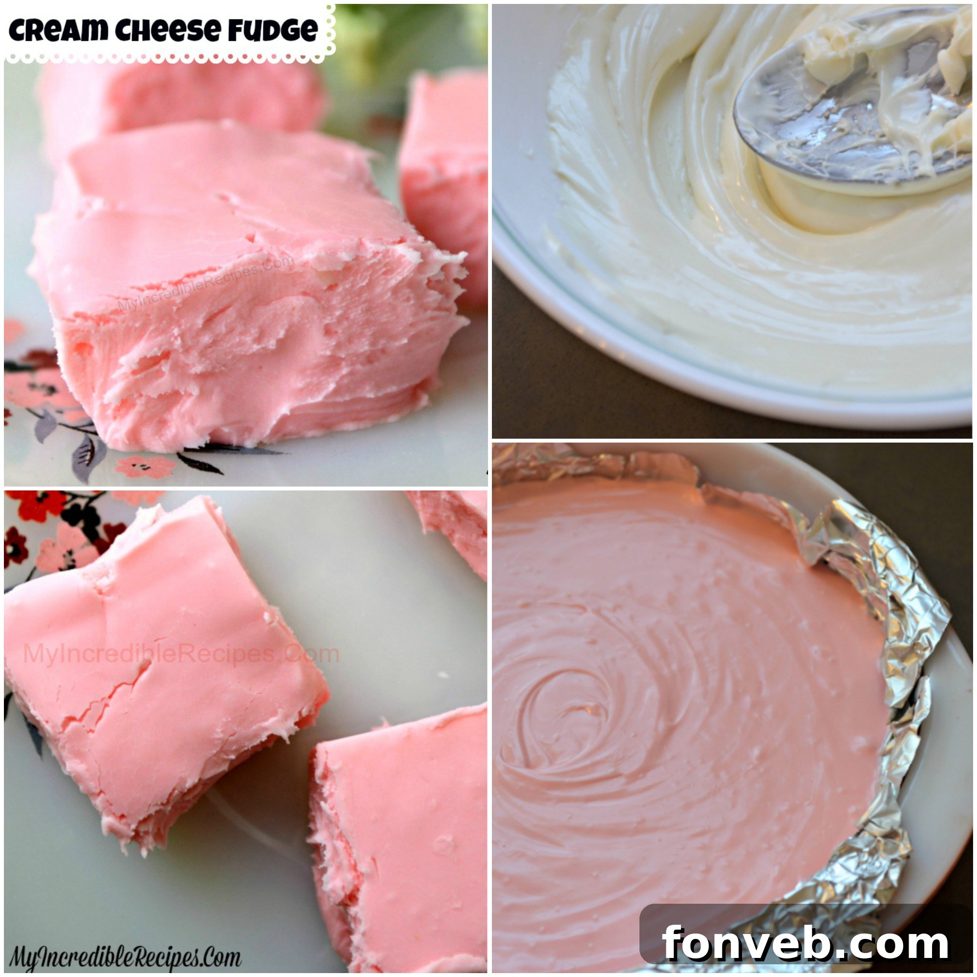 An overhead shot of an array of pink cream cheese fudge squares