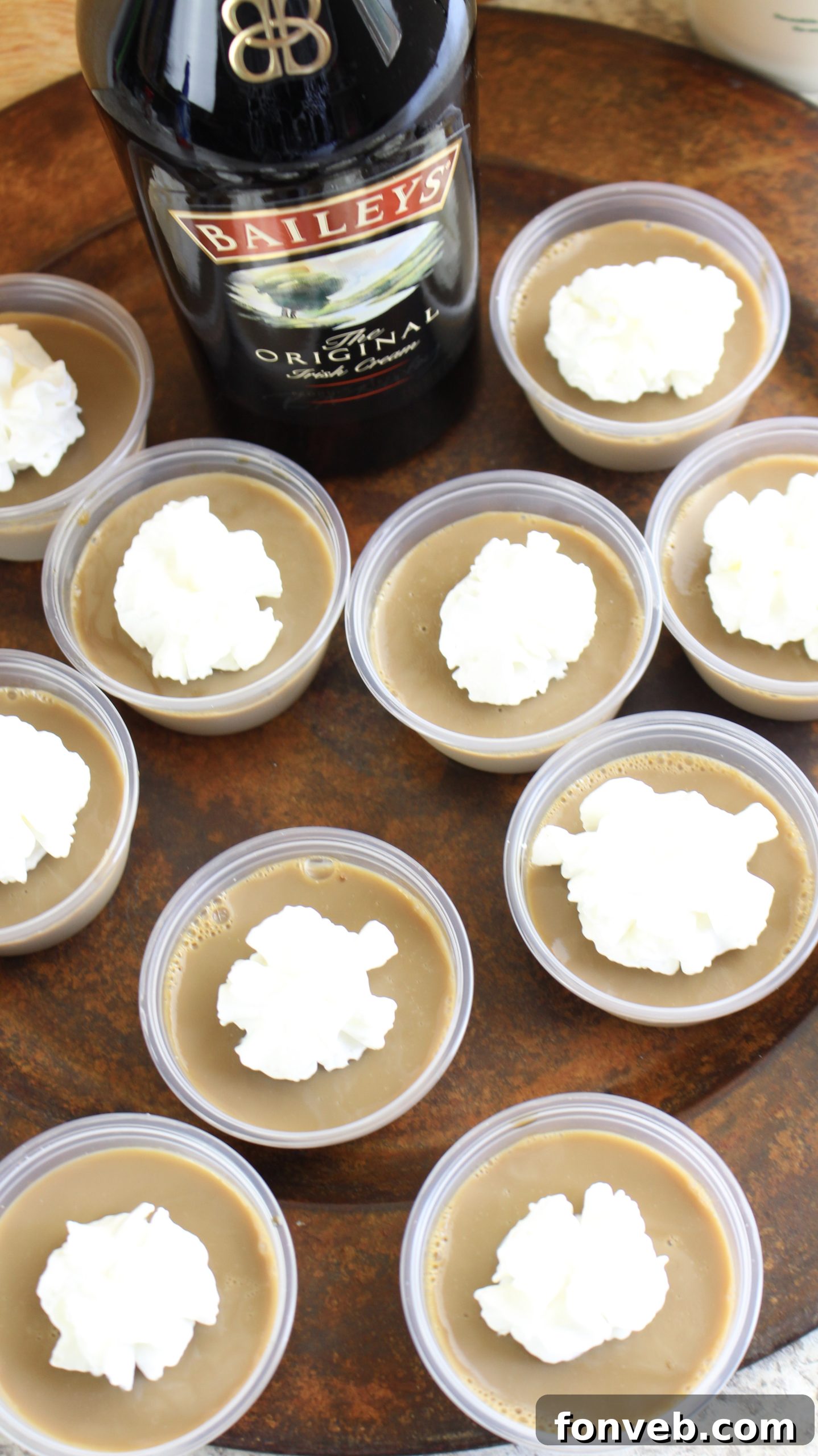 Delicious Baileys Irish Cream Jello Shots perfectly arranged in small cups