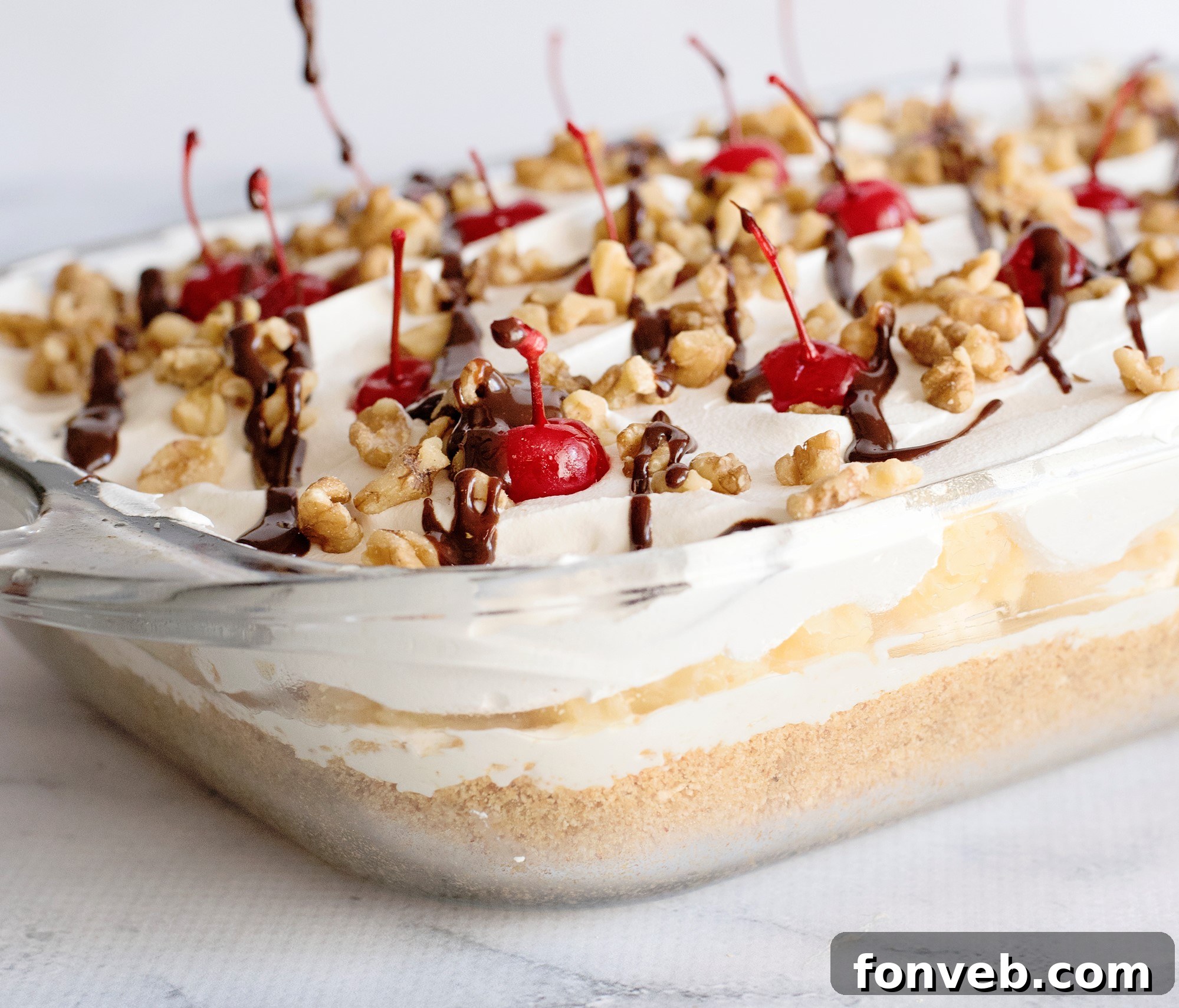 No Bake Banana Split Dream 7 A close-up shot of the No-Bake Banana Split Dessert, highlighting the creamy texture and colorful toppings, with a spoon ready to scoop.