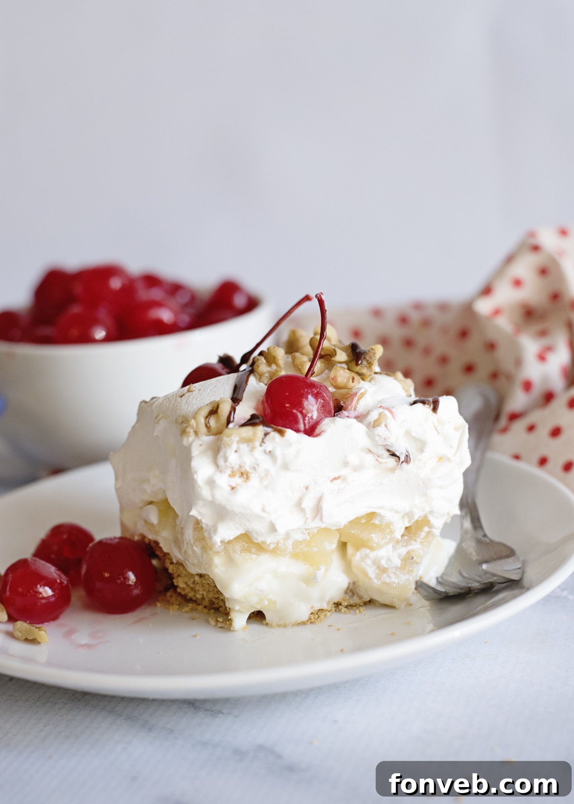 No Bake Banana Split Dream 10 Overhead shot of the No-Bake Banana Split Dessert, showcasing its colorful and inviting toppings, perfect for a refreshing summer treat.