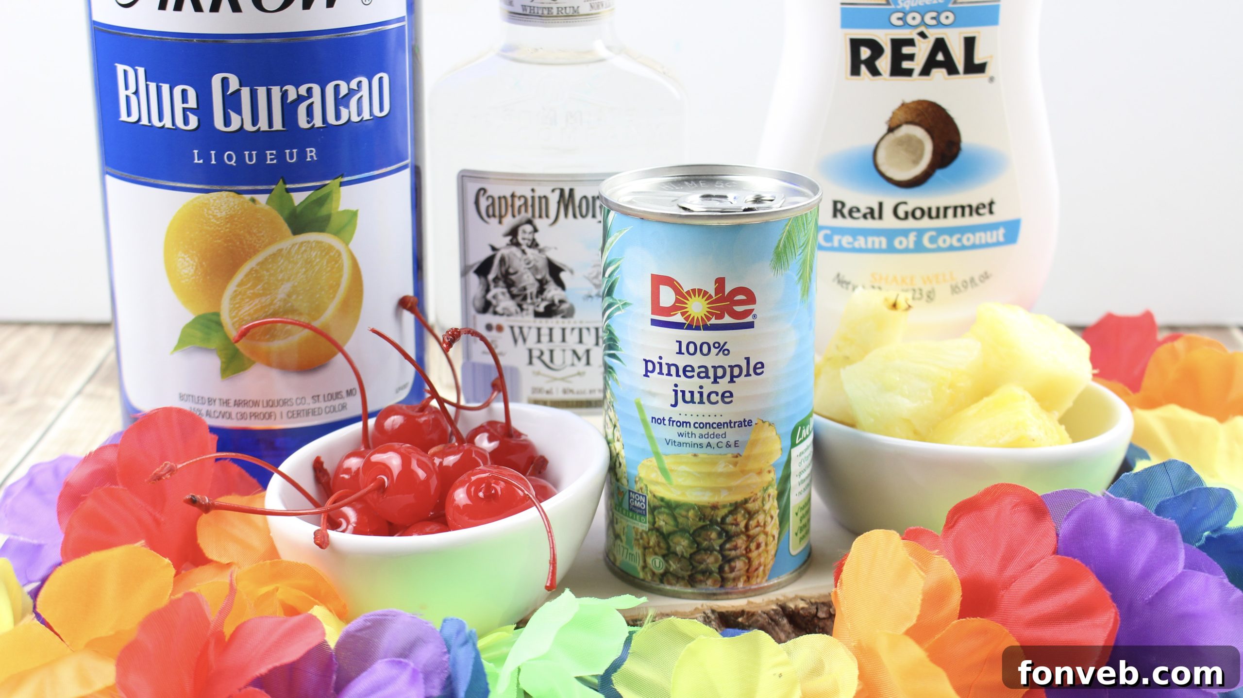 Blue Hawaiian Tropical Escape 3 A close-up of a Blue Hawaiian cocktail, showcasing its vivid blue color and tropical garnishes.