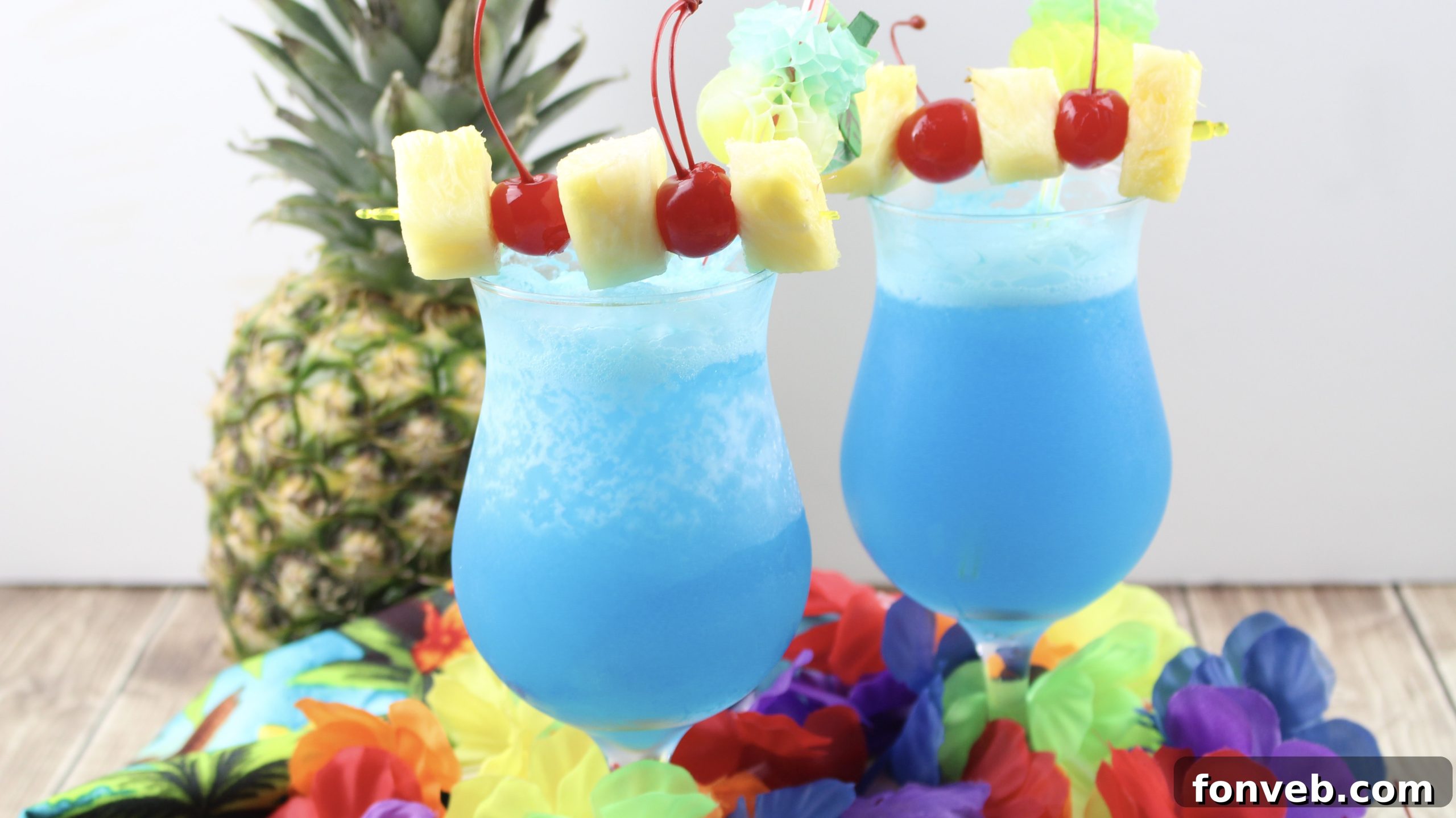 Blue Hawaiian Tropical Escape 10 Multiple glasses of Blue Hawaiian cocktails, ready for sharing and celebration.