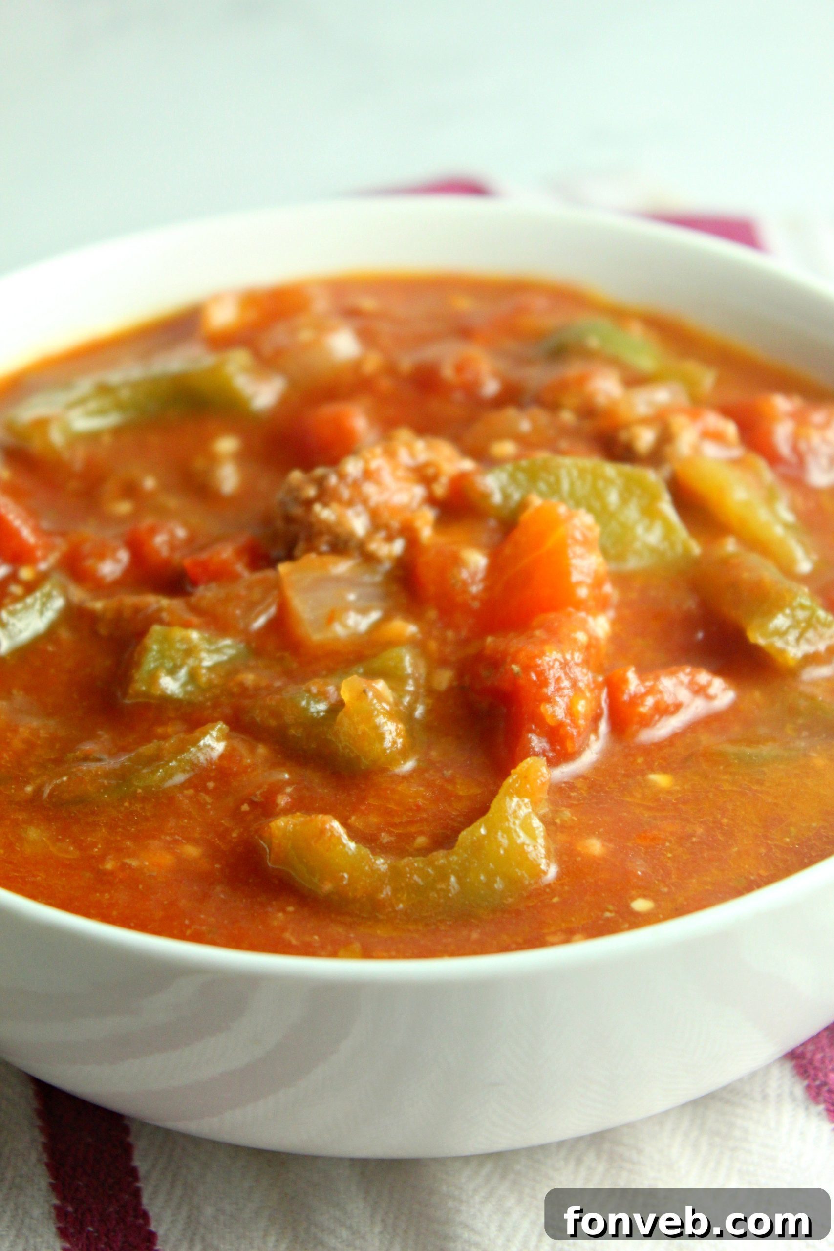 Rustic Stuffed Bell Pepper Soup 3 Close-up shot of the stuffed pepper soup, showcasing the chunky texture of ground meat, colorful bell peppers, and a thick, savory broth.