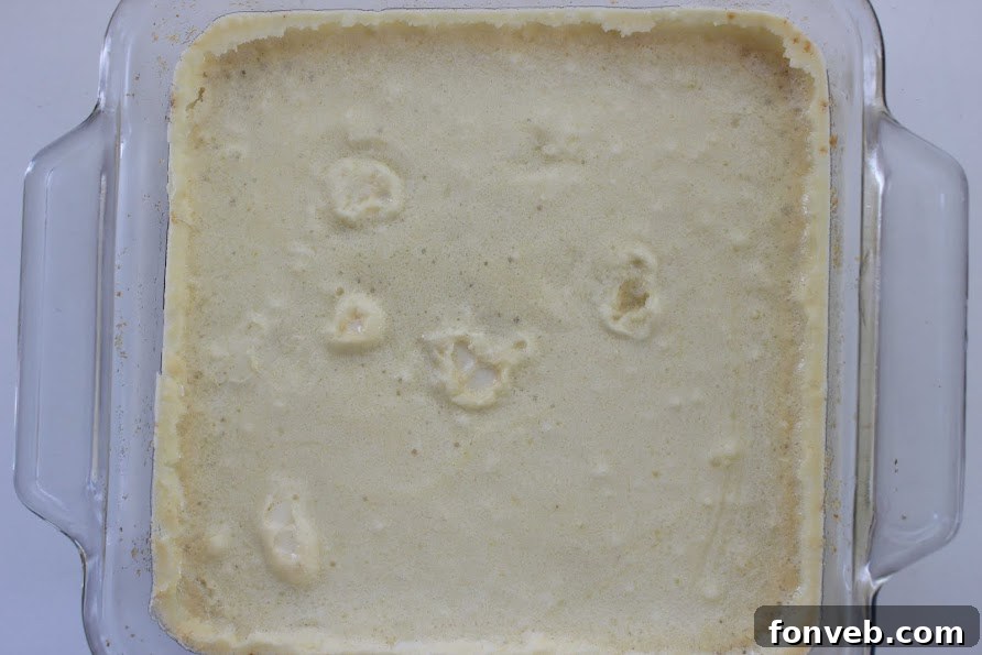 Smooth, pale yellow creamy layer spread over the graham cracker crust