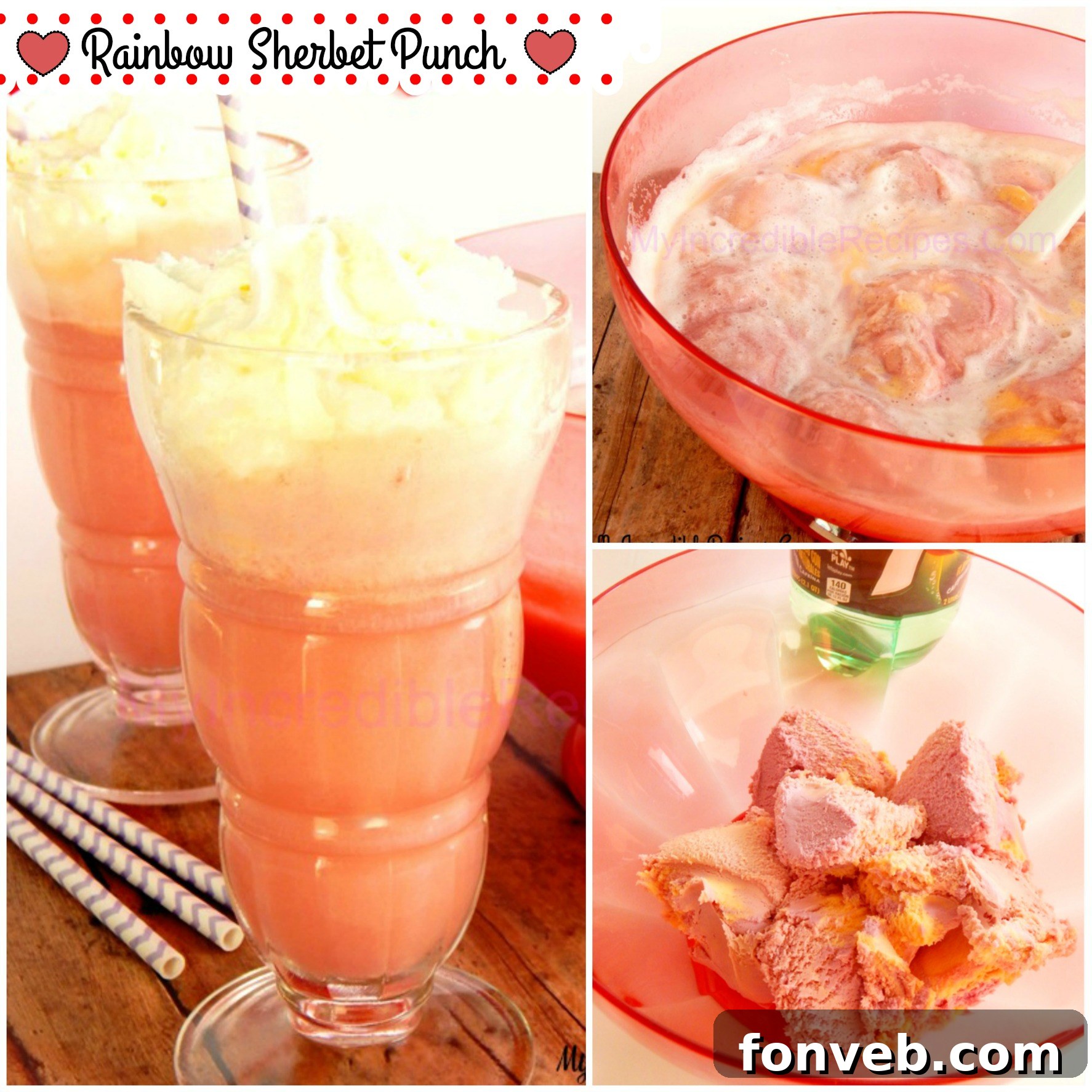 Ingredients for Rainbow Sherbet Punch laid out: a gallon of rainbow sherbet, a bottle of lemon-lime soda, and a bottle of fruit punch.