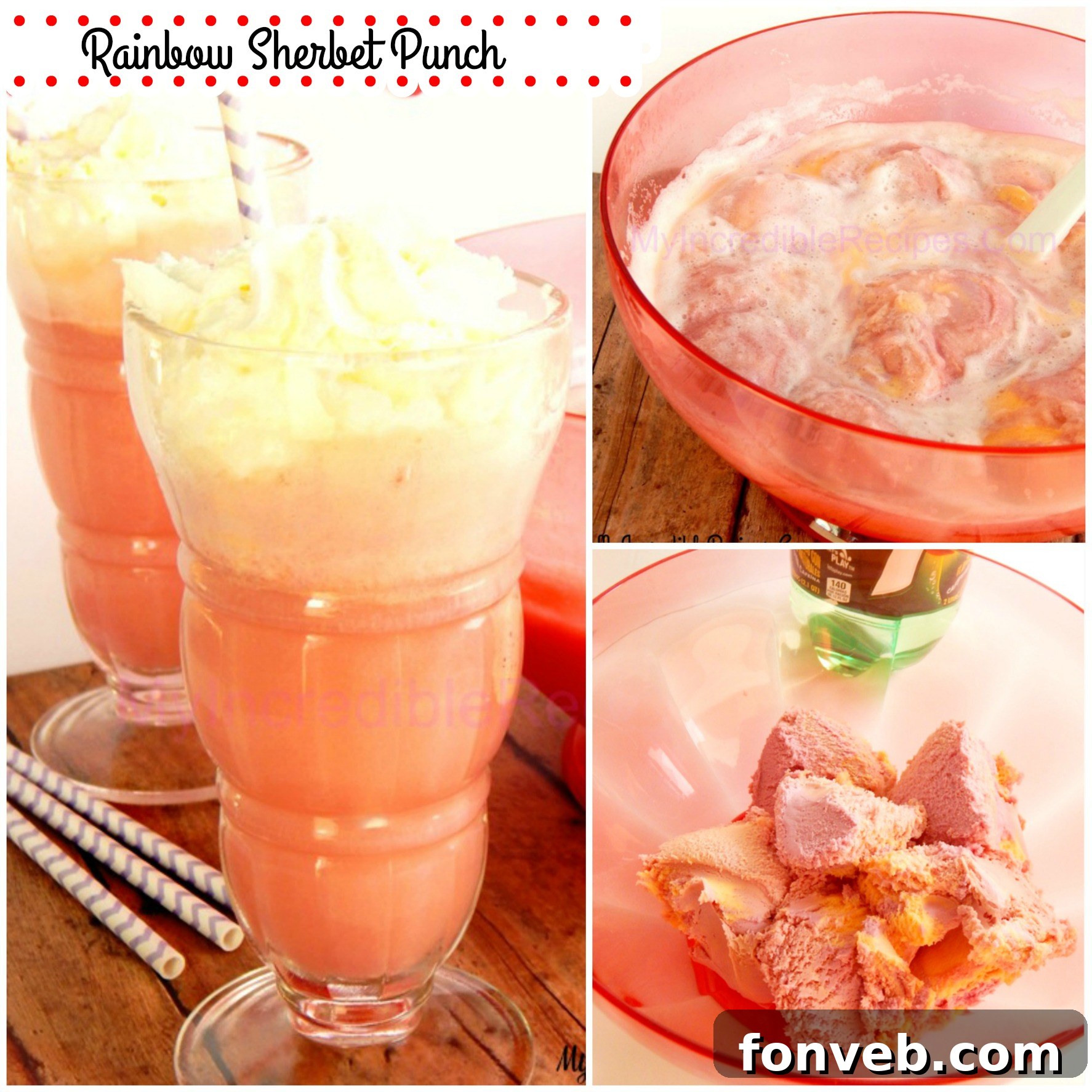 A festive serving of Rainbow Sherbet Punch in a tall glass, topped with whipped cream and a cherry, ready to be enjoyed.