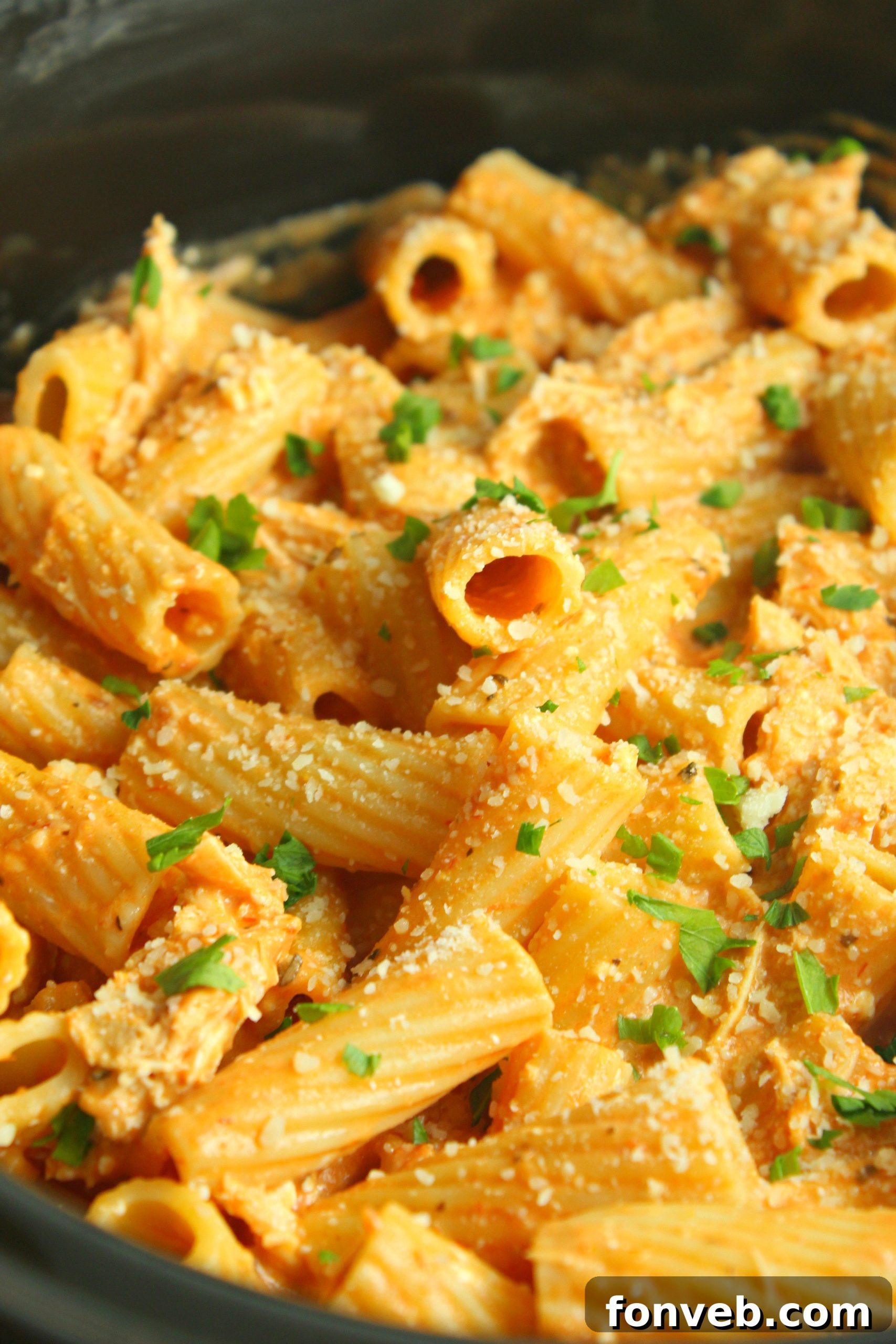 Velvety Slow Cooker Chicken Rigatoni 9 The full spread of slow cooker creamy chicken rigatoni, ready to be served.