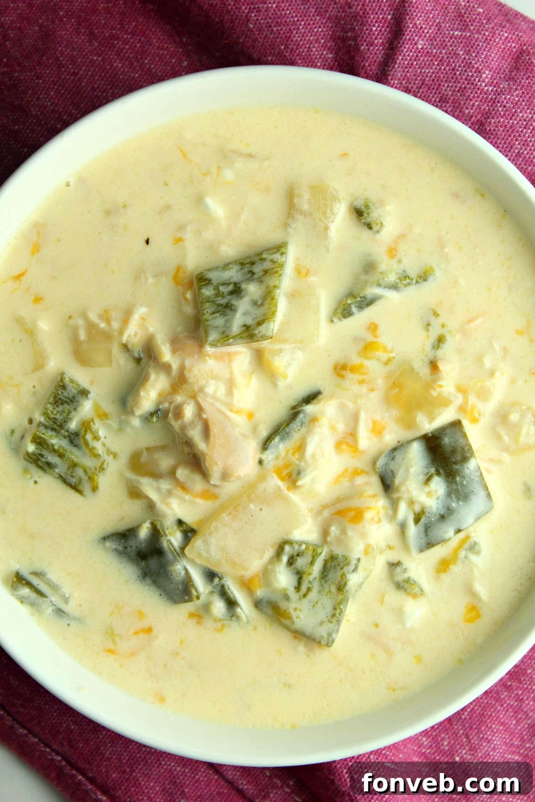 Close-up of creamy Slow Cooker Chicken Chile Rellenos Soup texture